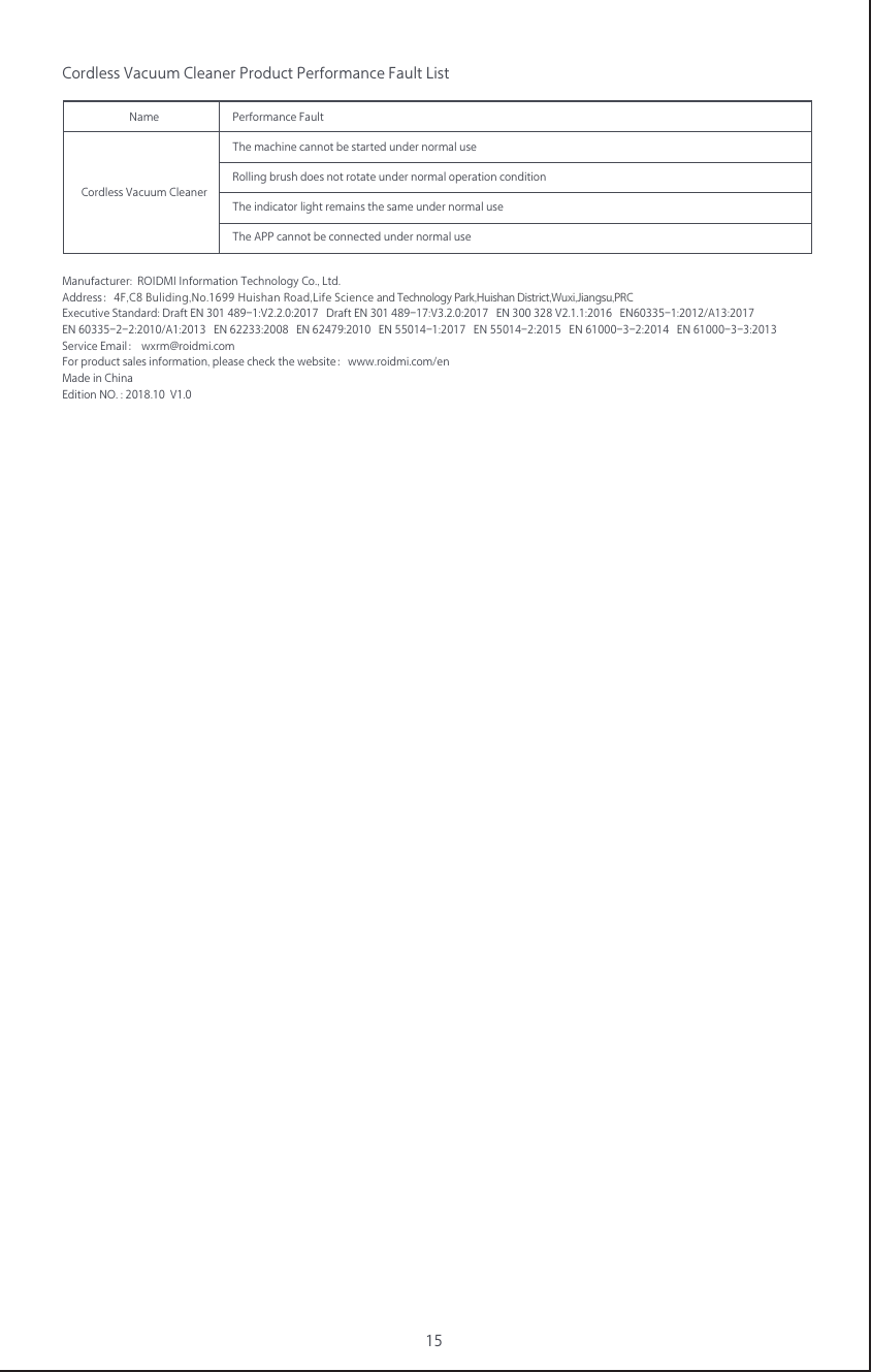 15Cordless Vacuum Cleaner Product Performance Fault ListNameThe machine cannot be started under normal useRolling brush does not rotate under normal operation conditionThe indicator light remains the same under normal useThe APP cannot be connected under normal usePerformance FaultCordless Vacuum CleanerManufacturer:  ROIDMI Information Technology Co., Ltd. Address：4F,C8 Buliding,No.1699 Huishan Road,Life Science and Technology Park,Huishan District,Wuxi,Jiangsu,PRCExecutive Standard: Draft EN 301 489-1:V2.2.0:2017   Draft EN 301 489-17:V3.2.0:2017   EN 300 328 V2.1.1:2016   EN60335-1:2012/A13:2017 EN 60335-2-2:2010/A1:2013   EN 62233:2008   EN 62479:2010   EN 55014-1:2017   EN 55014-2:2015   EN 61000-3-2:2014   EN 61000-3-3:2013  Service Email： wxrm@roidmi.com   For product sales information, please check the website：www.roidmi.com/enMade in ChinaEdition NO. : 2018.10  V1.0       　　　 　   