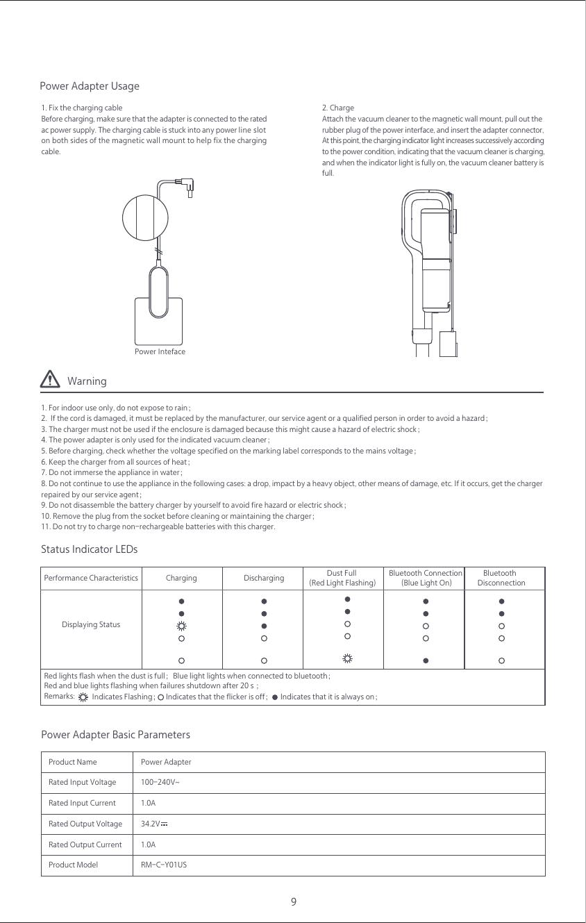Warning1. For indoor use only, do not expose to rain；2.  If the cord is damaged, it must be replaced by the manufacturer, our service agent or a qualified person in order to avoid a hazard；3. The charger must not be used if the enclosure is damaged because this might cause a hazard of electric shock；4. The power adapter is only used for the indicated vacuum cleaner；5. Before charging, check whether the voltage specified on the marking label corresponds to the mains voltage；6. Keep the charger from all sources of heat；7. Do not immerse the appliance in water；8. Do not continue to use the appliance in the following cases: a drop, impact by a heavy object, other means of damage, etc. If it occurs, get the charger repaired by our service agent；9. Do not disassemble the battery charger by yourself to avoid fire hazard or electric shock；10. Remove the plug from the socket before cleaning or maintaining the charger；11. Do not try to charge non-rechargeable batteries with this charger.9Power Adapter Usage1. Fix the charging cableBefore charging, make sure that the adapter is connected to the rated ac power supply. The charging cable is stuck into any power line slot on both sides of the magnetic wall mount to help fix the charging cable.2. ChargeAttach the vacuum cleaner to the magnetic wall mount, pull out therubber plug of the power interface, and insert the adapter connector,At this point, the charging indicator light increases successively according to the power condition, indicating that the vacuum cleaner is charging, and when the indicator light is fully on, the vacuum cleaner battery is full.Power IntefaceStatus Indicator LEDsPower Adapter Basic ParametersDisplaying StatusPerformance Characteristics Bluetooth Connection (Blue Light On)Dust Full (Red Light Flashing)Bluetooth  DisconnectionDischargingRed lights flash when the dust is full；Blue light lights when connected to bluetooth；Red and blue lights flashing when failures shutdown after 20 s ；Remarks:  Indicates that the flicker is off；Indicates Flashing； Indicates that it is always on；ChargingPower AdapterProduct Name1.0A1.0ARated Input VoltageRated Input CurrentProduct Model RM-C-Y01USRated Output VoltageRated Output Current34.2V100-240V~