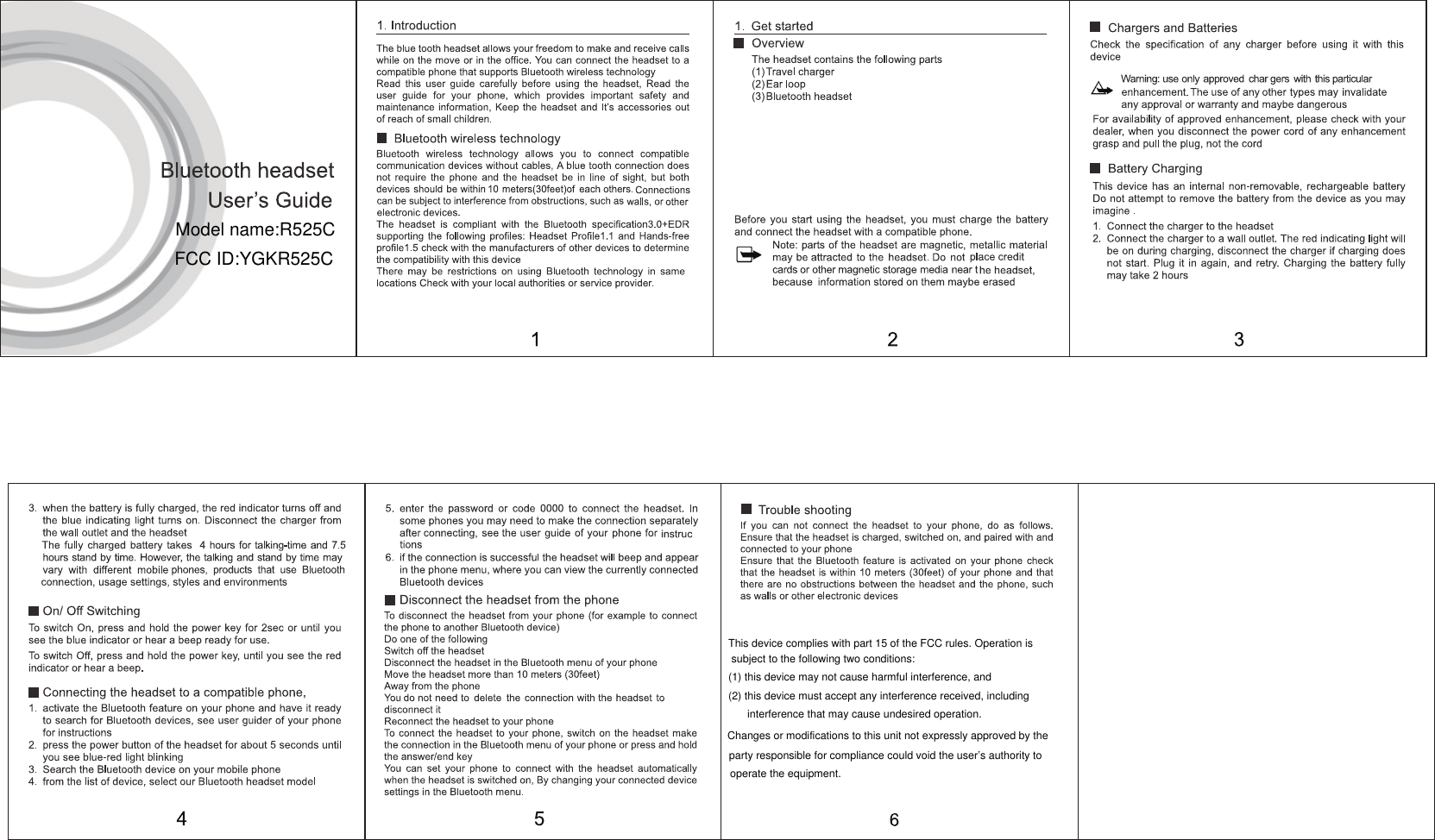 (1) this device may not cause harmful interference, andThis device complies with part 15 of the FCC rules. Operation is subject to the following two conditions:(2) this device must accept any interference received, including interference that may cause undesired operation.Changes or modifications to this unit not expressly approved by the party responsible for compliance could void the user&rsquo;s authority to operate the equipment.Model name:R525CFCC ID:YGKR525C