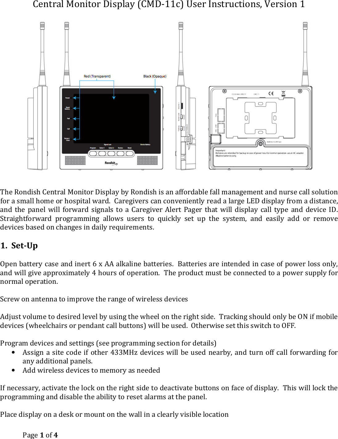 Page 1 of RONDISH CMD-11 Central Monitor Display User Manual CMD 11c UI