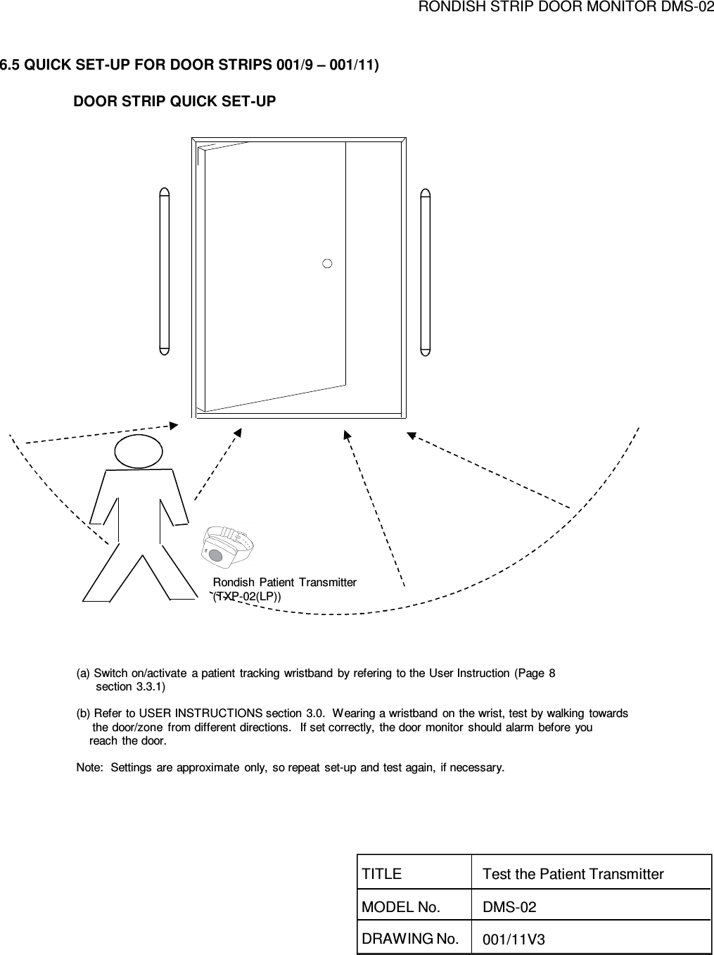 RONDISH STRIP DOOR MONITOR DMS-026.5 QUICK SET-UP FOR DOOR STRIPS 001/9 – 001/11)DOOR STRIP QUICK SET-UPRondish  Patient  Transmitter(TXP-02(LP))(a) Switch on/activate  a patient  tracking wristband  by refering to the User Instruction (Page  8section  3.3.1)(b) Refer to USER INSTRUCTIONS section  3.0.  Wearing a wristband  on the wrist, test by walking towards the door/zone  from different directions.   If set correctly,  the door  monitor  should alarm  before  you reach the door.Note:  Settings are approximate  only,  so repeat  set-up and test again,  if necessary.DRAWING No. 001/11V3TITLEMODEL No.Test the Patient TransmitterDMS-02