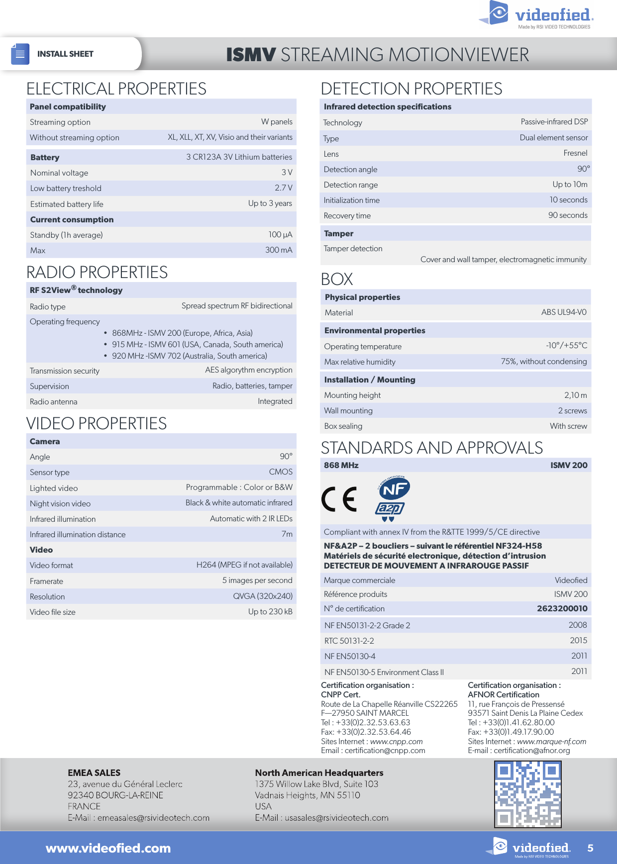 INSTALL SHEET5www.videoﬁed.comISMV STREAMING MOTIONVIEWERCertiﬁcation organisation :CNPP Cert. Route de La Chapelle Réanville CS22265F—27950 SAINT MARCELTel : +33(0)2.32.53.63.63Fax: +33(0)2.32.53.64.46Sites Internet : www.cnpp.comEmail : certiﬁcation@cnpp.comCertiﬁcation organisation :AFNOR Certiﬁcation11, rue François de Pressensé93571 Saint Denis La Plaine CedexTel : +33(0)1.41.62.80.00Fax: +33(0)1.49.17.90.00Sites Internet : www.marque-nf.com E-mail : certiﬁcation@afnor.orgBattery 3 CR123A 3V Lithium batteriesNominal voltage 3 VLow battery treshold 2.7 VEstimated battery life Up to 3 yearsCurrent consumptionStandby (1h average) 100 µAMax 300 mAPanel compatibilityStreaming option W panelsWithout streaming option XL, XLL, XT, XV, Visio and their variantsELECTRICAL PROPERTIESRF S2View® technologyRadio type Spread spectrum RF bidirectionalOperating frequency•  868MHz - ISMV 200 (Europe, Africa, Asia)•  915 MHz - ISMV 601 (USA, Canada, South america)•  920 MHz -ISMV 702 (Australia, South america)Transmission security AES algorythm encryptionSupervision Radio, batteries, tamperRadio antenna IntegratedRADIO PROPERTIESCameraAngle 90°Sensor type CMOSLighted video Programmable : Color or B&amp;WNight vision video Black &amp; white automatic infraredInfrared illumination Automatic with 2 IR LEDsInfrared illumination distance 7mVideoVideo format H264 (MPEG if not available)Framerate 5 images per secondResolution QVGA (320x240)Video ﬁle size Up to 230 kBVIDEO PROPERTIESBOXPhysical propertiesMaterial ABS UL94-V0Installation / MountingMounting height 2,10 mWall mounting 2 screwsBox sealing With screwEnvironmental propertiesOperating temperature -10°/+55°CMax relative humidity 75%, without condensingTamperTamper detectionCover and wall tamper, electromagnetic immunityDETECTION PROPERTIESInfrared detection specificationsTechnology Passive-infrared DSPType Dual element sensorLens FresnelDetection angle 90°Detection range Up to 10mInitialization time 10 secondsRecovery time 90 secondsNF EN50131-2-2 Grade 2 2008 RTC 50131-2-2 2015NF EN50130-4 2011NF EN50130-5 Environment Class II 2011STANDARDS AND APPROVALS868 MHz ISMV 200 Compliant with annex IV from the R&amp;TTE 1999/5/CE directiveNF&amp;A2P – 2 boucliers – suivant le référentiel NF324-H58Matériels de sécurité electronique, détection d’intrusionDETECTEUR DE MOUVEMENT A INFRAROUGE PASSIFMarque commerciale VideoﬁedRéférence produits ISMV 200N° de certiﬁcation 2623200010