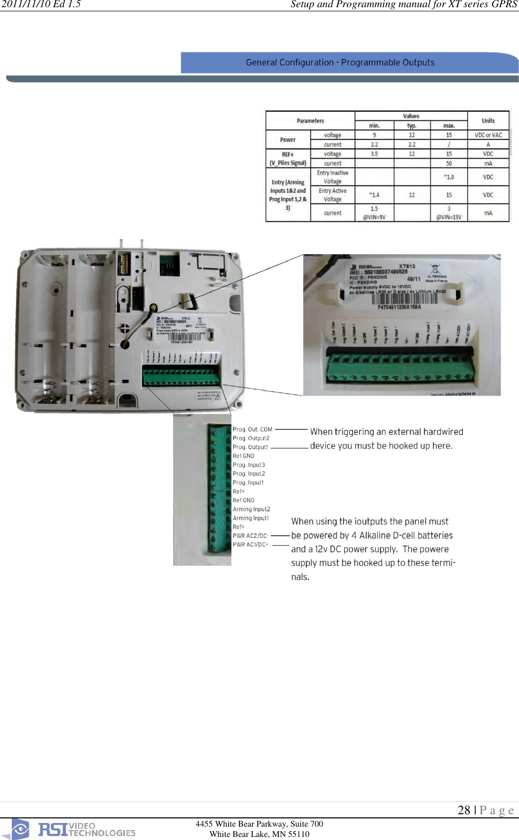2011/11/10 Ed 1.5      Setup and Programming manual for XT series GPRS  28 | P a g e  4455 White Bear Parkway, Suite 700 White Bear Lake, MN 55110   