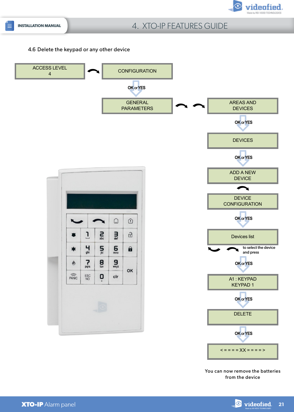 21INSTALLATION MANUAL 4.  XTO-IP FEATURES GUIDEXTO-IP Alarm panel4.6  Delete the keypad or any other deviceYou can now remove the batteries from the deviceACCESS LEVEL4CONFIGURATIONGENERALPARAMETERSOK or YESto select the device and pressOK or YES&lt; = = = = XX = = = = &gt;DELETEAREAS ANDDEVICESDEVICESADD A NEWDEVICEDEVICECONFIGURATIONA1 : KEYPADKEYPAD 1OK or YESOK or YESOK or YESDevices listOK or YESOK or YES