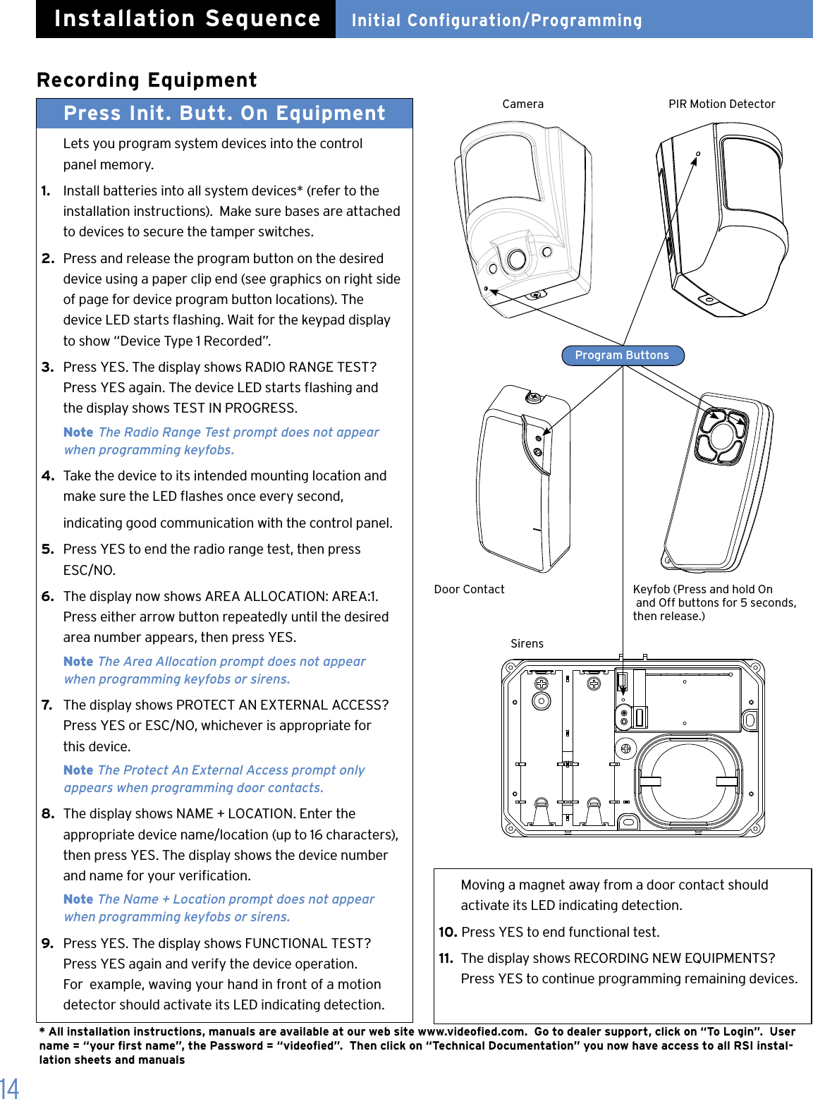 14Recording EquipmentPress Init. Butt. On Equipment  Lets you program system devices into the control    panel memory.1.   Install batteries into all system devices* (refer to the    installation instructions).  Make sure bases are attached    to devices to secure the tamper switches.2.  Press and release the program button on the desired    device using a paper clip end (see graphics on right side    of page for device program button locations). The    device LED starts ashing. Wait for the keypad display    to show &ldquo;Device Type 1 Recorded&rdquo;.3.   Press YES. The display shows RADIO RANGE TEST?    Press YES again. The device LED starts ashing and    the display shows TEST IN PROGRESS.  Note The Radio Range Test prompt does not appear    when programming keyfobs.4.  Take the device to its intended mounting location and    make sure the LED ashes once every second,   indicating good communication with the control panel.5.  Press YES to end the radio range test, then press    ESC/NO.6.  The display now shows AREA ALLOCATION: AREA:1.    Press either arrow button repeatedly until the desired    area number appears, then press YES.  Note The Area Allocation prompt does not appear      when programming keyfobs or sirens.7.   The display shows PROTECT AN EXTERNAL ACCESS?    Press YES or ESC/NO, whichever is appropriate for    this device.  Note The Protect An External Access prompt only    appears when programming door contacts.8.  The display shows NAME + LOCATION. Enter the    appropriate device name/location (up to 16 characters),    then press YES. The display shows the device number    and name for your verication.  Note The Name + Location prompt does not appear    when programming keyfobs or sirens.9.   Press YES. The display shows FUNCTIONAL TEST?    Press YES again and verify the device operation.    For  example, waving your hand in front of a motion    detector should activate its LED indicating detection.    Moving a magnet away from a door contact should    activate its LED indicating detection.10. Press YES to end functional test.11.  The display shows RECORDING NEW EQUIPMENTS?    Press YES to continue programming remaining devices.Camera PIR Motion DetectorDoor Contact Keyfob (Press and hold On   and Off buttons for 5 seconds, then release.)SirensProgram ButtonsInitial Configuration/ProgrammingInstallation Sequence* All installation instructions, manuals are available at our web site www.videoed.com.  Go to dealer support, click on &ldquo;To Login&rdquo;.  User name = &ldquo;your rst name&rdquo;, the Password = &ldquo;videoed&rdquo;.  Then click on &ldquo;Technical Documentation&rdquo; you now have access to all RSI instal-lation sheets and manuals