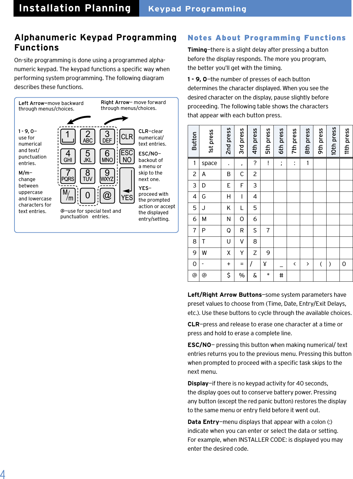 4Alphanumeric Keypad Programming FunctionsOn-site programming is done using a programmed alpha-numeric keypad. The keypad functions a specic way when performing system programming. The following diagram describes these functions. 2ABC 3DEF14GHI 5JKL 6MNO7PQRS 8TUV 9WXYZ0@MmYESESCNOCLRNotes About Programming FunctionsTiming&mdash;there is a slight delay after pressing a button  before the display responds. The more you program,  the better you&rsquo;ll get with the timing.1 - 9, 0&mdash;the number of presses of each button  determines the character displayed. When you see the  desired character on the display, pause slightly before    proceeding. The following table shows the characters    that appear with each button press. Button1st press2nd press 3rd press4th press5th press6th press7th press8th press9th press10th press11th press1 space . , ? ! ; : 12 A  B  C 23 D E F 34 G H I 4 5 J K L 56 M N O 67 P Q R S 78 T U V 89 W X Y Z 90 - + = / &yen; _ < > ( ) 0@ @ $ % &amp; * #  Left/Right Arrow Buttons&mdash;some system parameters have preset values to choose from (Time, Date, Entry/Exit Delays, etc.). Use these buttons to cycle through the available choices.CLR&mdash;press and release to erase one character at a time or press and hold to erase a complete line.ESC/NO&mdash; pressing this button when making numerical/ text entries returns you to the previous menu. Pressing this button when prompted to proceed with a specic task skips to the next menu.Display&mdash;if there is no keypad activity for 40 seconds,  the display goes out to conserve battery power. Pressing  any button (except the red panic button) restores the display to the same menu or entry eld before it went out.Data Entry&mdash;menu displays that appear with a colon (:)  indicate when you can enter or select the data or setting.  For example, when INSTALLER CODE: is displayed you may enter the desired code. Installation PlanningLeft Arrow&mdash;move backward through menus/choices.Right Arrow&mdash; move forward through menus/choices.1 - 9, 0&mdash; use for  numerical  and text/ punctuation entries.M/m&mdash; change  between  uppercase and lowercase characters for text entries.CLR&mdash;clear numerical/  text entries.ESC/NO&mdash; backout of  a menu or  skip to the  next one.YES&mdash; proceed with the prompted  action or accept the displayed  entry/setting.@&mdash;use for special text and punctuation   entries.Keypad Programming
