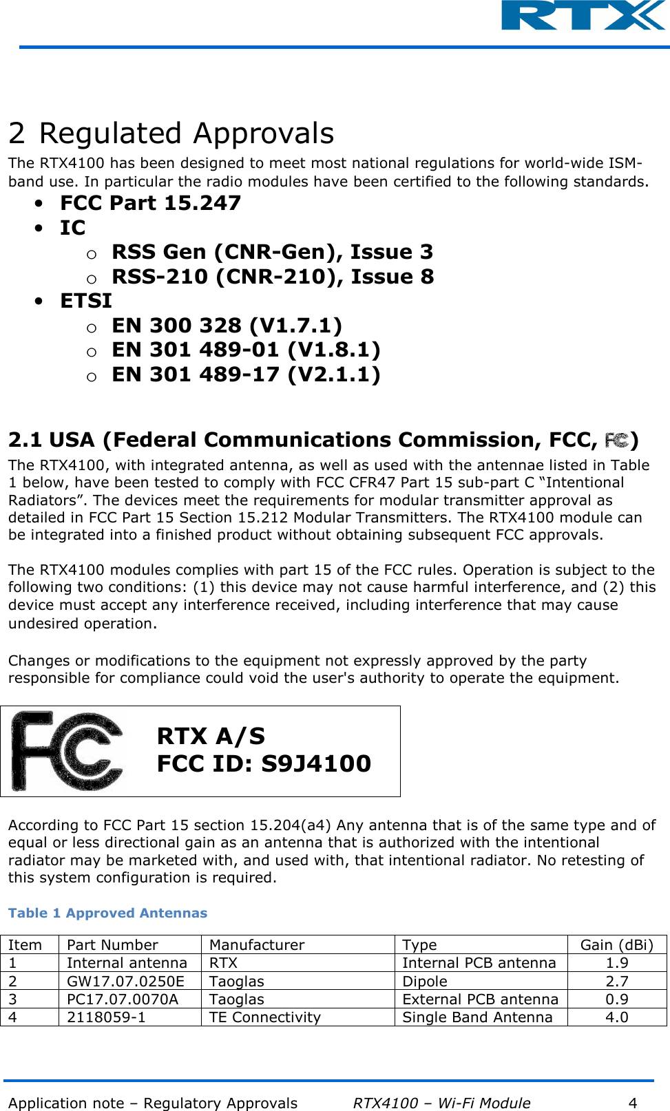  Application note – Regulatory Approvals           RTX4100 – Wi-Fi Module            4          2 Regulated Approvals The RTX4100 has been designed to meet most national regulations for world-wide ISM-band use. In particular the radio modules have been certified to the following standards. • FCC Part 15.247 • IC  o RSS Gen (CNR-Gen), Issue 3 o RSS-210 (CNR-210), Issue 8 • ETSI  o EN 300 328 (V1.7.1) o EN 301 489-01 (V1.8.1) o EN 301 489-17 (V2.1.1)  2.1 USA (Federal Communications Commission, FCC,  ) The RTX4100, with integrated antenna, as well as used with the antennae listed in Table 1 below, have been tested to comply with FCC CFR47 Part 15 sub-part C “Intentional Radiators”. The devices meet the requirements for modular transmitter approval as detailed in FCC Part 15 Section 15.212 Modular Transmitters. The RTX4100 module can be integrated into a finished product without obtaining subsequent FCC approvals.  The RTX4100 modules complies with part 15 of the FCC rules. Operation is subject to the following two conditions: (1) this device may not cause harmful interference, and (2) this device must accept any interference received, including interference that may cause undesired operation.  Changes or modifications to the equipment not expressly approved by the party responsible for compliance could void the user&apos;s authority to operate the equipment.   RTX A/S FCC ID: S9J4100   According to FCC Part 15 section 15.204(a4) Any antenna that is of the same type and of equal or less directional gain as an antenna that is authorized with the intentional radiator may be marketed with, and used with, that intentional radiator. No retesting of this system configuration is required.   Table 1 Approved Antennas Item  Part Number  Manufacturer  Type  Gain (dBi) 1  Internal antenna  RTX  Internal PCB antenna  1.9 2  GW17.07.0250E  Taoglas  Dipole  2.7 3  PC17.07.0070A  Taoglas  External PCB antenna 0.9 4  2118059-1  TE Connectivity  Single Band Antenna  4.0  