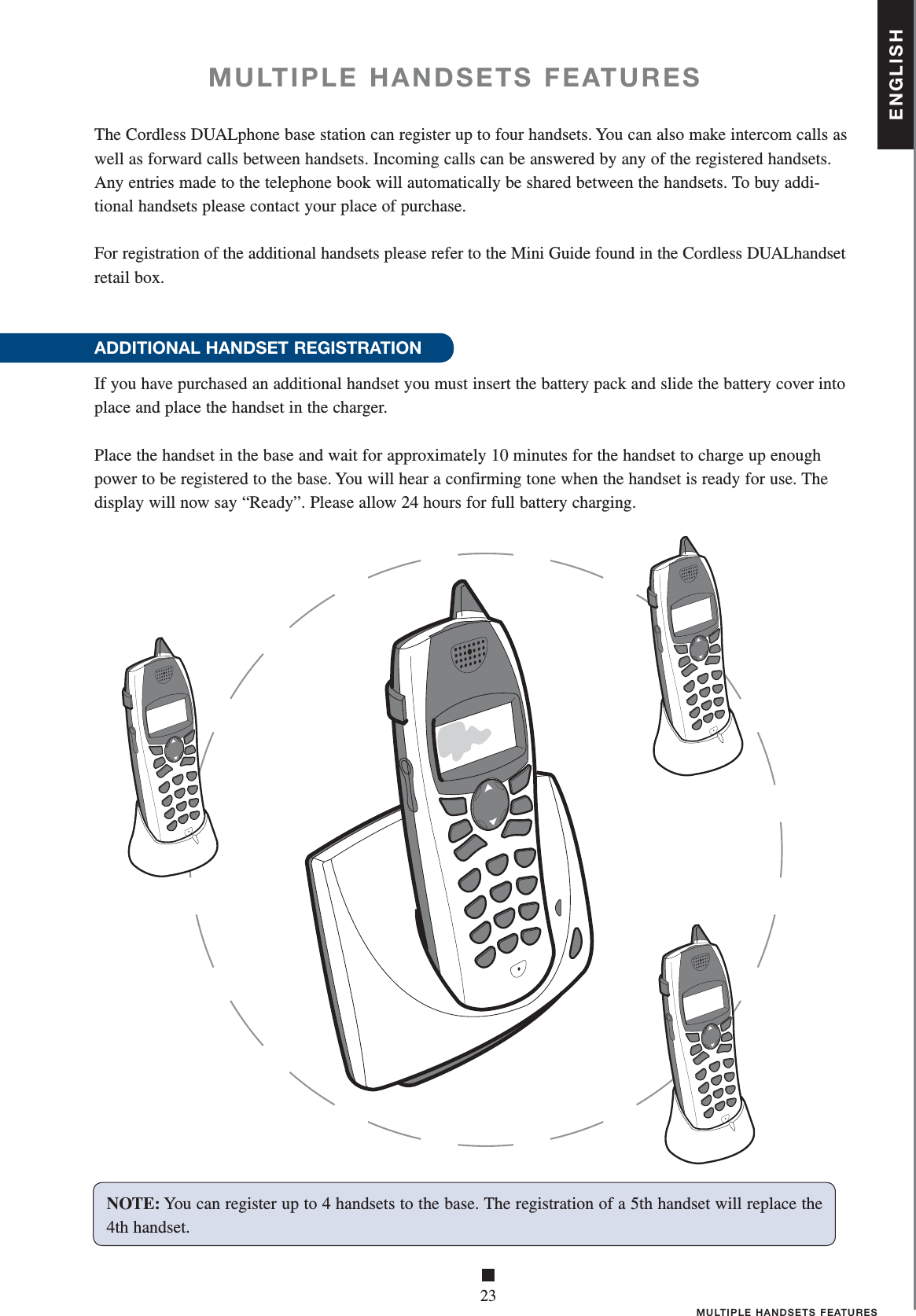 ENGLISH■23MULTIPLE HANDSETS FEATURESMULTIPLE HANDSETS FEATURESThe Cordless DUALphone base station can register up to four handsets. You can also make intercom calls as well as forward calls between handsets. Incoming calls can be answered by any of the registered handsets. Any entries made to the telephone book will automatically be shared between the handsets. To buy addi-tional handsets please contact your place of purchase.For registration of the additional handsets please refer to the Mini Guide found in the Cordless DUALhandset retail box.ADDITIONAL HANDSET REGISTRATION If you have purchased an additional handset you must insert the battery pack and slide the battery cover into place and place the handset in the charger. Place the handset in the base and wait for approximately 10 minutes for the handset to charge up enough power to be registered to the base. You will hear a confirming tone when the handset is ready for use. The display will now say “Ready”. Please allow 24 hours for full battery charging. NOTE: You can register up to 4 handsets to the base. The registration of a 5th handset will replace the 4th handset.