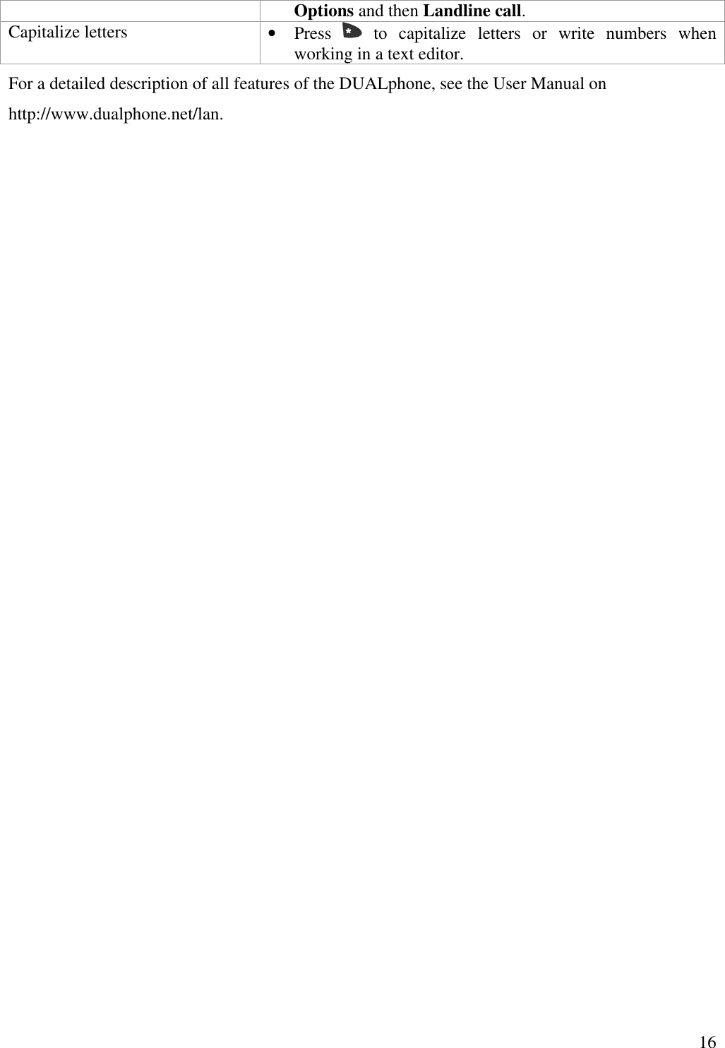   16Options and then Landline call. Capitalize letters  •  Press   to capitalize letters or write numbers when working in a text editor.  For a detailed description of all features of the DUALphone, see the User Manual on http://www.dualphone.net/lan.  