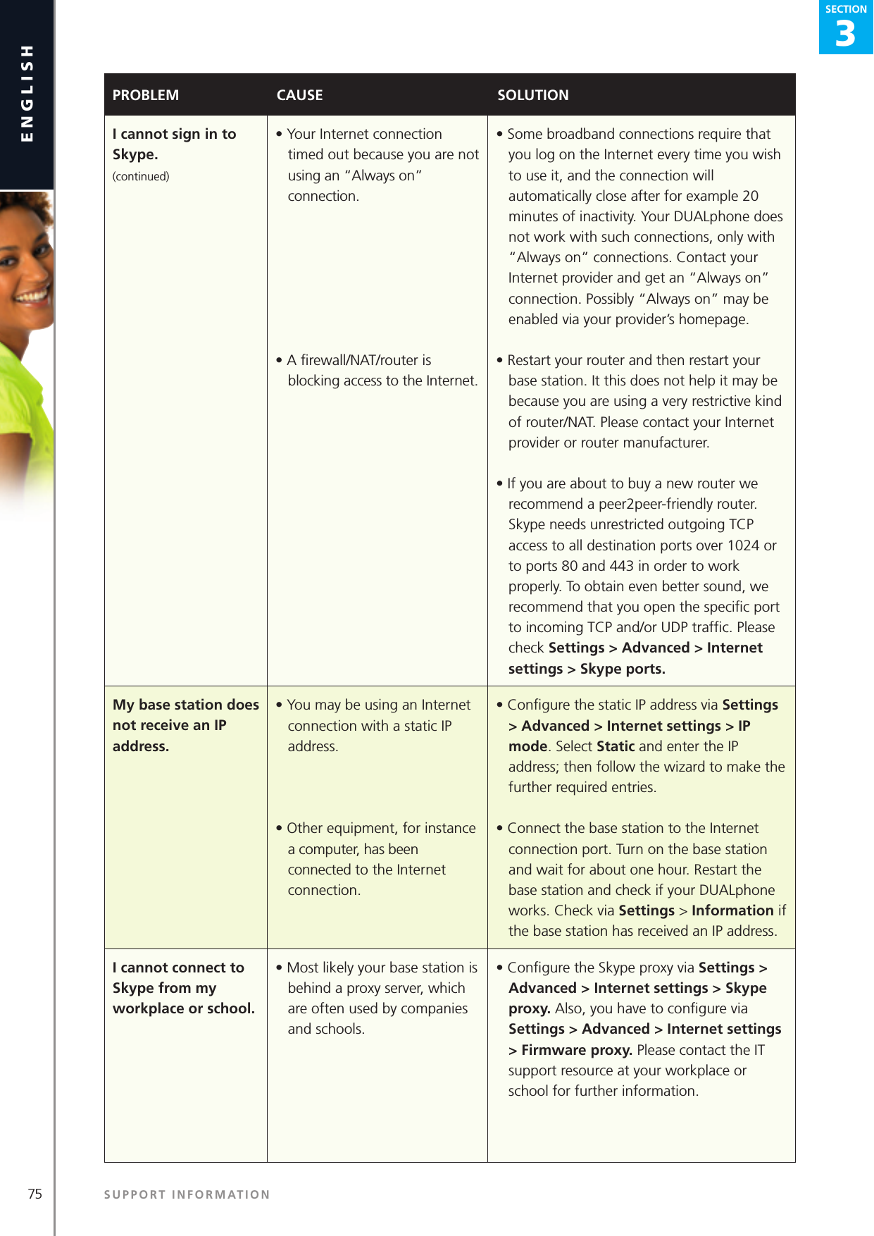 3SECTION75 SUPPORT INFORMATIONenglishSECTION3SECTIONPROBLEM CAUSE SOLUTIONI cannot sign in to Skype.(continued)• Your Internet connection timed out because you are not using an “Always on” connection.• A ﬁrewall/NAT/router is blocking access to the Internet.• Some broadband connections require that you log on the Internet every time you wish to use it, and the connection will automatically close after for example 20 minutes of inactivity. Your DUALphone does not work with such connections, only with “Always on” connections. Contact your Internet provider and get an “Always on” connection. Possibly “Always on” may be enabled via your provider’s homepage.• Restart your router and then restart your base station. It this does not help it may be because you are using a very restrictive kind of router/NAT. Please contact your Internet provider or router manufacturer.• If you are about to buy a new router we recommend a peer2peer-friendly router. Skype needs unrestricted outgoing TCP access to all destination ports over 1024 or to ports 80 and 443 in order to work properly. To obtain even better sound, we recommend that you open the speciﬁc port to incoming TCP and/or UDP trafﬁc. Please check Settings &gt; Advanced &gt; Internet settings &gt; Skype ports.My base station does not receive an IP address.• You may be using an Internet connection with a static IP address.• Other equipment, for instance a computer, has been connected to the Internet connection.• Conﬁgure the static IP address via Settings &gt; Advanced &gt; Internet settings &gt; IP mode. Select Static and enter the IP address; then follow the wizard to make the further required entries.• Connect the base station to the Internet connection port. Turn on the base station and wait for about one hour. Restart the base station and check if your DUALphone works. Check via Settings &gt; Information if the base station has received an IP address.I cannot connect to Skype from my workplace or school.• Most likely your base station is behind a proxy server, which are often used by companies and schools.• Conﬁgure the Skype proxy via Settings &gt; Advanced &gt; Internet settings &gt; Skype proxy. Also, you have to conﬁgure via Settings &gt; Advanced &gt; Internet settings &gt; Firmware proxy. Please contact the IT support resource at your workplace or school for further information.
