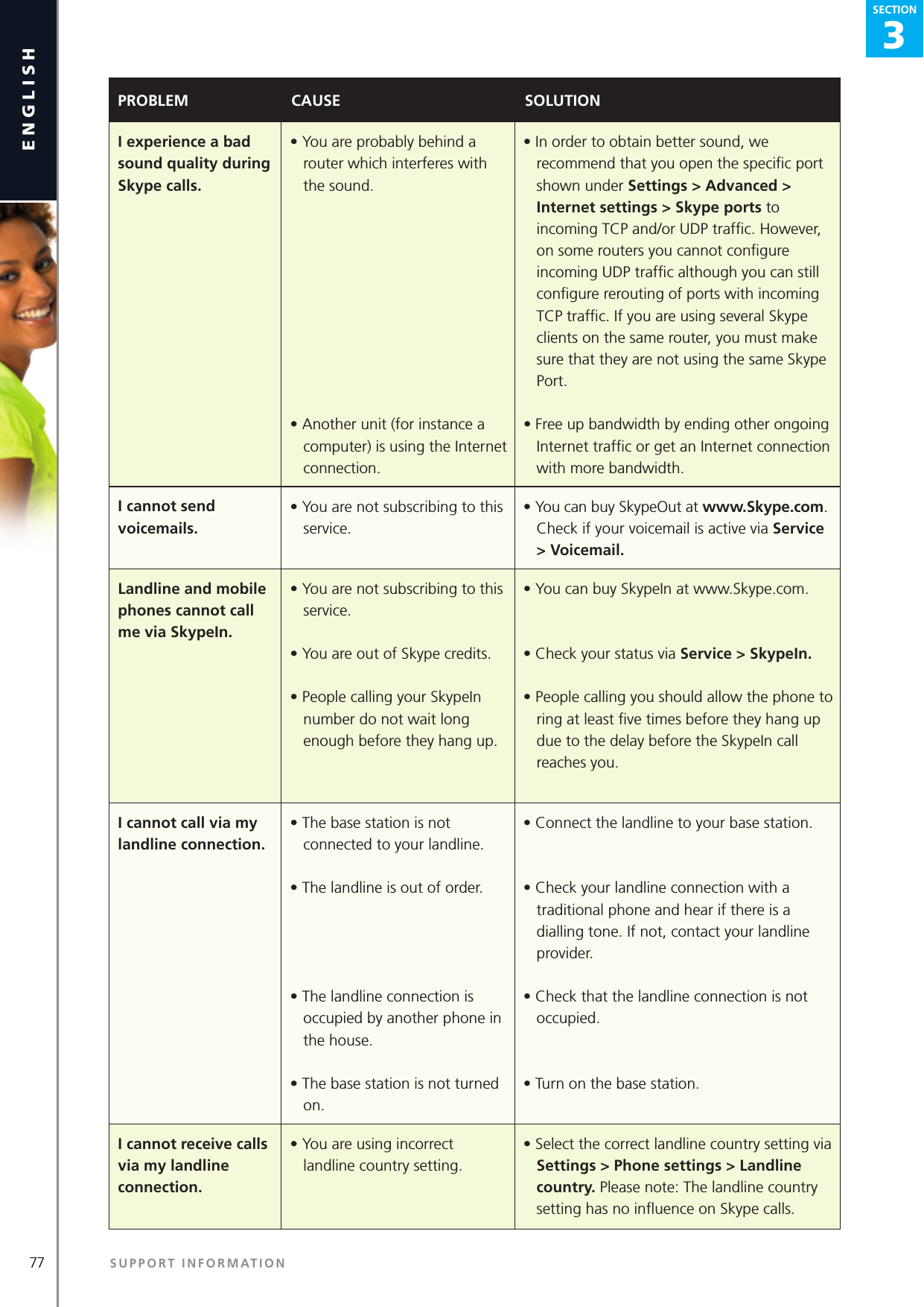 3SECTION77 SUPPORT INFORMATIONenglishSECTION3SECTIONPROBLEM CAUSE SOLUTIONI experience a bad sound quality during Skype calls.• You are probably behind a router which interferes with the sound.• Another unit (for instance a computer) is using the Internet connection.• In order to obtain better sound, we recommend that you open the speciﬁc port shown under Settings &gt; Advanced &gt; Internet settings &gt; Skype ports to incoming TCP and/or UDP trafﬁc. However, on some routers you cannot conﬁgure incoming UDP trafﬁc although you can still conﬁgure rerouting of ports with incoming TCP trafﬁc. If you are using several Skype clients on the same router, you must make sure that they are not using the same Skype Port.• Free up bandwidth by ending other ongoing Internet trafﬁc or get an Internet connection with more bandwidth.I cannot send voicemails.• You are not subscribing to this service.• You can buy SkypeOut at www.Skype.com. Check if your voicemail is active via Service &gt; Voicemail.Landline and mobile phones cannot call me via SkypeIn.• You are not subscribing to this service.• You are out of Skype credits.• People calling your SkypeIn number do not wait long enough before they hang up.• You can buy SkypeIn at www.Skype.com.• Check your status via Service &gt; SkypeIn.• People calling you should allow the phone to ring at least ﬁve times before they hang up due to the delay before the SkypeIn call reaches you.I cannot call via my landline connection.• The base station is not connected to your landline.• The landline is out of order.• The landline connection is occupied by another phone in the house.• The base station is not turned on.• Connect the landline to your base station.• Check your landline connection with a traditional phone and hear if there is a dialling tone. If not, contact your landline provider.• Check that the landline connection is not occupied.• Turn on the base station.I cannot receive calls via my landline connection.• You are using incorrect landline country setting.• Select the correct landline country setting via Settings &gt; Phone settings &gt; Landline country. Please note: The landline country setting has no inﬂuence on Skype calls.
