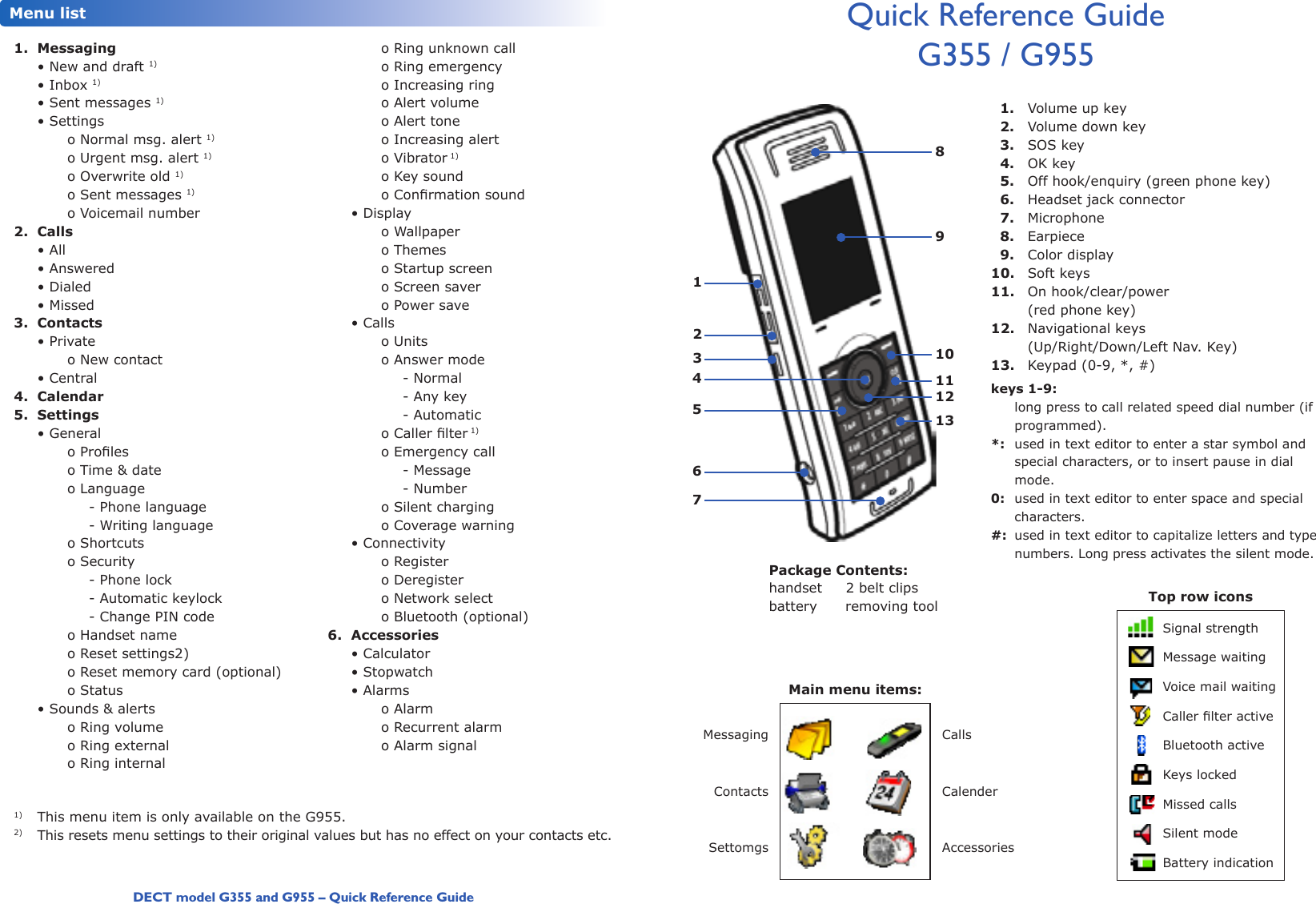 DECT model G355 and G955 – Quick Reference GuideQuick Reference Guide G355 / G955 1.  Volume up key 2.  Volume down key 3.  SOS key 4.  OK key 5.  Off hook/enquiry (green phone key)  6.  Headset jack connector  7.  Microphone  8.  Earpiece 9.  Color display10.  Soft keys11.  On hook/clear/power     (red phone key)12.  Navigational keys     (Up/Right/Down/Left Nav. Key)13.  Keypad (0-9, *, #)keys 1-9:   long press to call related speed dial number (if programmed).*:  used in text editor to enter a star symbol and special characters, or to insert pause in dial mode.0:  used in text editor to enter space and special characters.#:  used in text editor to capitalize letters and type numbers. Long press activates the silent mode. 1.  Messaging  • New and draft 1)  • Inbox 1)  • Sent messages 1)  • Settings    o Normal msg. alert 1)    o Urgent msg. alert 1)    o Overwrite old 1)    o Sent messages 1)    o Voicemail number2.  Calls  • All  • Answered  • Dialed  • Missed3.  Contacts  • Private    o New contact  • Central4.  Calendar5.  Settings  • General  oProles    o Time &amp; date    o Language      - Phone language      - Writing language    o Shortcuts    o Security      - Phone lock      - Automatic keylock      - Change PIN code    o Handset name    o Reset settings2)    o Reset memory card (optional)    o Status  • Sounds &amp; alerts    o Ring volume    o Ring external    o Ring internal    o Ring unknown call    o Ring emergency    o Increasing ring    o Alert volume    o Alert tone    o Increasing alert    o Vibrator 1)    o Key sound  oConrmationsound  • Display    o Wallpaper    o Themes    o Startup screen    o Screen saver    o Power save  • Calls    o Units    o Answer mode      - Normal      - Any key      - Automatic  oCallerlter 1)    o Emergency call      - Message      - Number    o Silent charging    o Coverage warning  • Connectivity    o Register    o Deregister    o Network select    o Bluetooth (optional)6.  Accessories  • Calculator  • Stopwatch  • Alarms    o Alarm    o Recurrent alarm    o Alarm signalMenu list1)  This menu item is only available on the G955.2)  This resets menu settings to their original values but has no effect on your contacts etc.Package Contents:handset     2 belt clipsbattery      removing toolMain menu items:MessagingContactsSettomgsCallsCalenderAccessoriesTop row iconsSignal strengthMessage waitingVoice mail waitingCallerlteractiveBluetooth activeKeys lockedMissed callsSilent modeBattery indication         89101112131234567