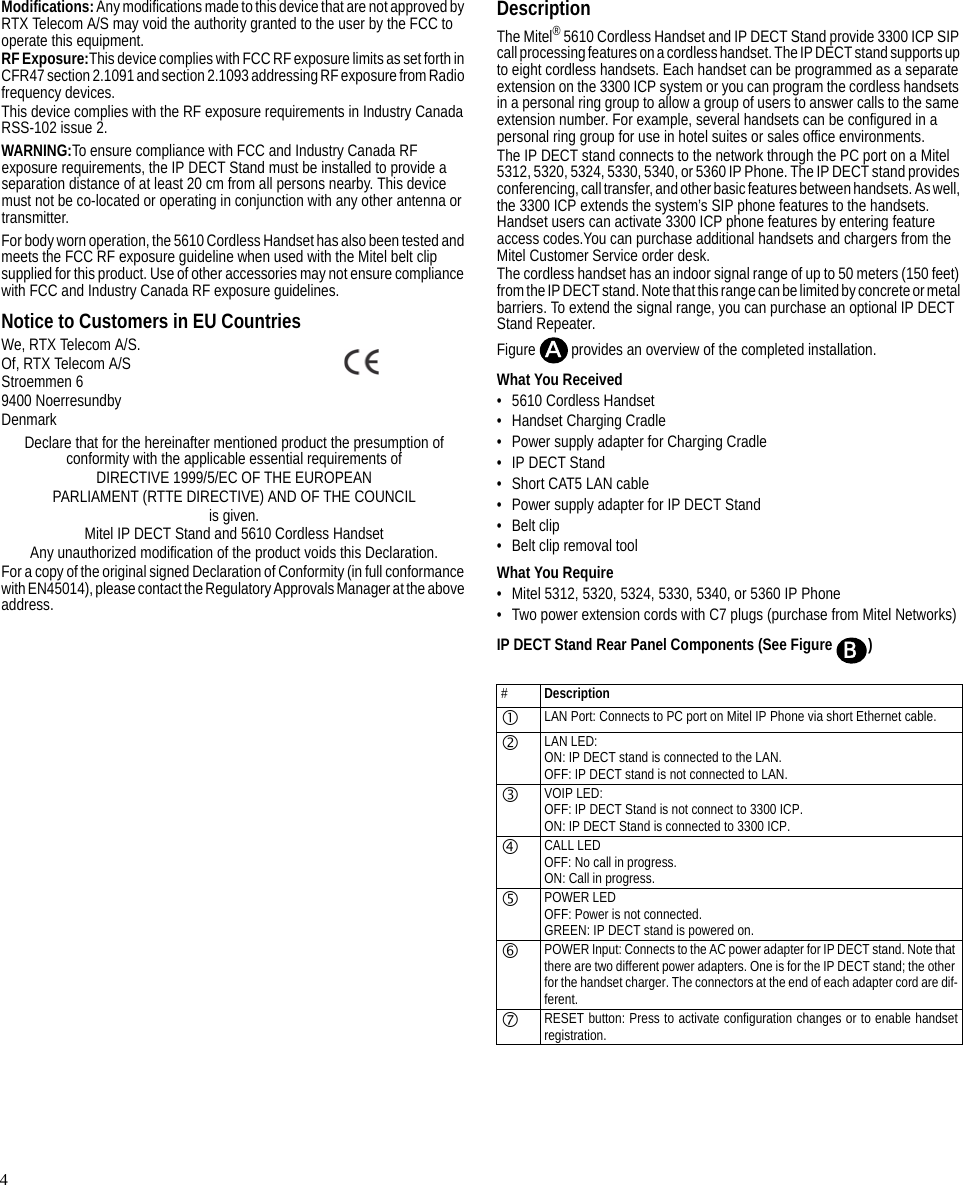 4Modifications: Any modifications made to this device that are not approved by RTX Telecom A/S may void the authority granted to the user by the FCC to operate this equipment.RF Exposure:This device complies with FCC RF exposure limits as set forth in CFR47 section 2.1091 and section 2.1093 addressing RF exposure from Radio frequency devices.This device complies with the RF exposure requirements in Industry Canada RSS-102 issue 2.WARNING:To ensure compliance with FCC and Industry Canada RF exposure requirements, the IP DECT Stand must be installed to provide a separation distance of at least 20 cm from all persons nearby. This device must not be co-located or operating in conjunction with any other antenna or transmitter.For body worn operation, the 5610 Cordless Handset has also been tested and meets the FCC RF exposure guideline when used with the Mitel belt clip supplied for this product. Use of other accessories may not ensure compliance with FCC and Industry Canada RF exposure guidelines.Notice to Customers in EU CountriesWe, RTX Telecom A/S.Of, RTX Telecom A/SStroemmen 69400 NoerresundbyDenmarkDeclare that for the hereinafter mentioned product the presumption of conformity with the applicable essential requirements ofDIRECTIVE 1999/5/EC OF THE EUROPEANPARLIAMENT (RTTE DIRECTIVE) AND OF THE COUNCILis given.Mitel IP DECT Stand and 5610 Cordless HandsetAny unauthorized modification of the product voids this Declaration.For a copy of the original signed Declaration of Conformity (in full conformance with EN45014), please contact the Regulatory Approvals Manager at the above address.DescriptionThe Mitel® 5610 Cordless Handset and IP DECT Stand provide 3300 ICP SIP call processing features on a cordless handset. The IP DECT stand supports up to eight cordless handsets. Each handset can be programmed as a separate extension on the 3300 ICP system or you can program the cordless handsets in a personal ring group to allow a group of users to answer calls to the same extension number. For example, several handsets can be configured in a personal ring group for use in hotel suites or sales office environments. The IP DECT stand connects to the network through the PC port on a Mitel 5312, 5320, 5324, 5330, 5340, or 5360 IP Phone. The IP DECT stand provides conferencing, call transfer, and other basic features between handsets. As well, the 3300 ICP extends the system’s SIP phone features to the handsets. Handset users can activate 3300 ICP phone features by entering feature access codes.You can purchase additional handsets and chargers from the Mitel Customer Service order desk.The cordless handset has an indoor signal range of up to 50 meters (150 feet) from the IP DECT stand. Note that this range can be limited by concrete or metal barriers. To extend the signal range, you can purchase an optional IP DECT Stand Repeater.Figure  provides an overview of the completed installation.What You Received• 5610 Cordless Handset• Handset Charging Cradle• Power supply adapter for Charging Cradle• IP DECT Stand• Short CAT5 LAN cable• Power supply adapter for IP DECT Stand•Belt clip• Belt clip removal toolWhat You Require• Mitel 5312, 5320, 5324, 5330, 5340, or 5360 IP Phone• Two power extension cords with C7 plugs (purchase from Mitel Networks)IP DECT Stand Rear Panel Components (See Figure  )#DescriptioncLAN Port: Connects to PC port on Mitel IP Phone via short Ethernet cable.dLAN LED:ON: IP DECT stand is connected to the LAN.OFF: IP DECT stand is not connected to LAN.eVOIP LED:OFF: IP DECT Stand is not connect to 3300 ICP.ON: IP DECT Stand is connected to 3300 ICP.fCALL LEDOFF: No call in progress.ON: Call in progress.gPOWER LEDOFF: Power is not connected.GREEN: IP DECT stand is powered on.hPOWER Input: Connects to the AC power adapter for IP DECT stand. Note that there are two different power adapters. One is for the IP DECT stand; the other for the handset charger. The connectors at the end of each adapter cord are dif-ferent.iRESET button: Press to activate configuration changes or to enable handsetregistration.AB