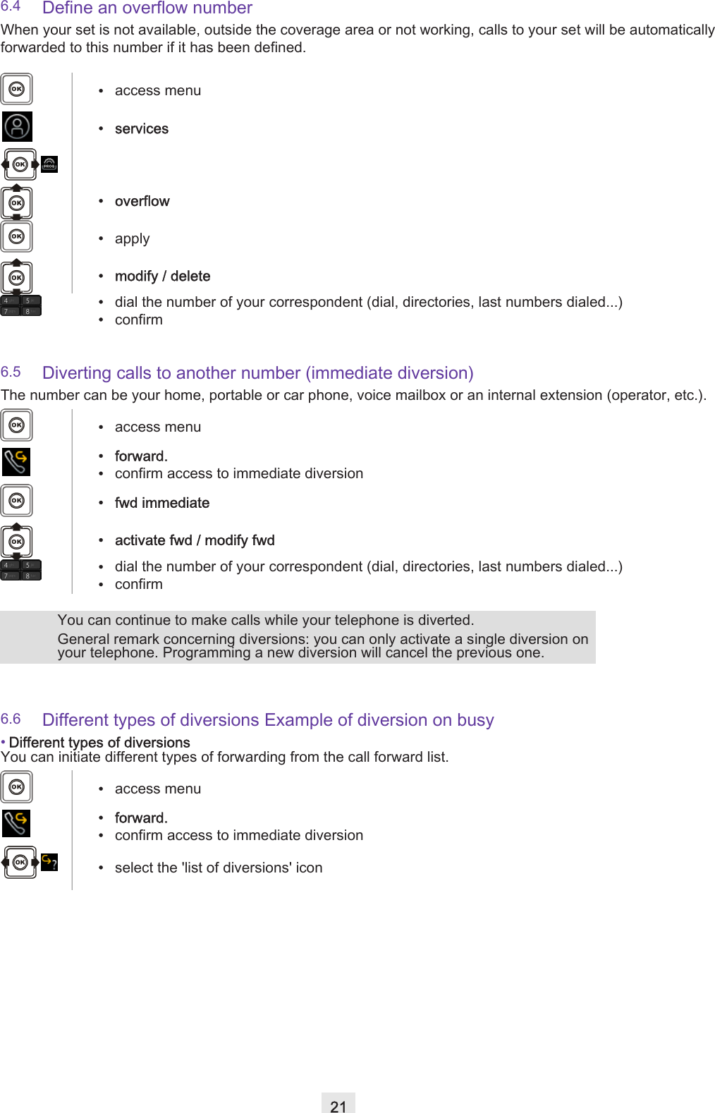216.4 Define an overflow numberWhen your set is not available, outside the coverage area or not working, calls to your set will be automatically forwarded to this number if it has been defined.6.5 Diverting calls to another number (immediate diversion)The number can be your home, portable or car phone, voice mailbox or an internal extension (operator, etc.).6.6 Different types of diversions Example of diversion on busy•Different types of diversionsYou can initiate different types of forwarding from the call forward list. •access menu• services•overflow•apply• modify / delete•dial the number of your correspondent (dial, directories, last numbers dialed...)•confirm•access menu•forward.•confirm access to immediate diversion• fwd immediate • activate fwd / modify fwd •dial the number of your correspondent (dial, directories, last numbers dialed...)•confirmYou can continue to make calls while your telephone is diverted.General remark concerning diversions: you can only activate a single diversion on your telephone. Programming a new diversion will cancel the previous one.•access menu•forward.•confirm access to immediate diversion•select the &apos;list of diversions&apos; icon
