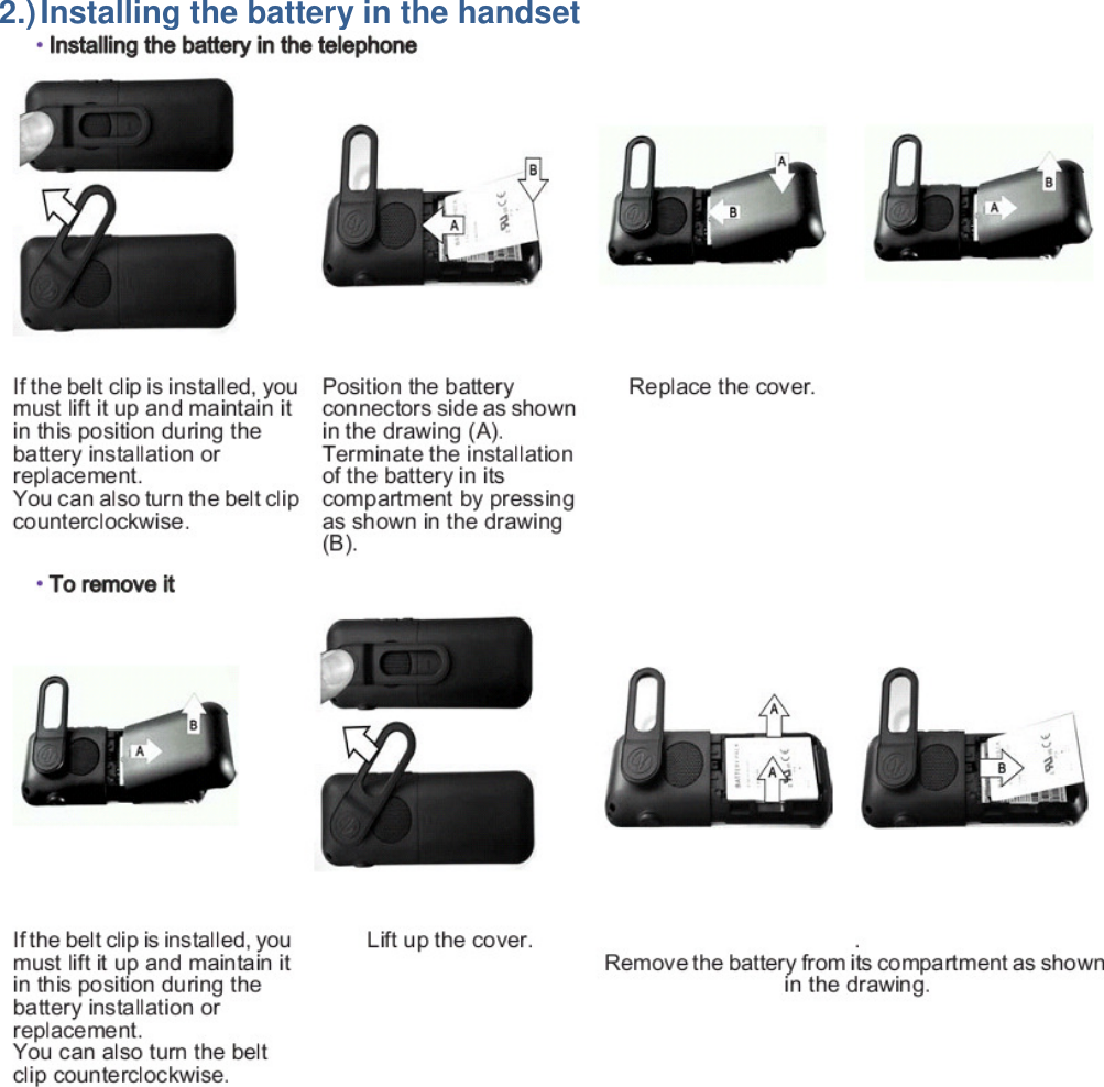 2.) Installing the battery in the handset     