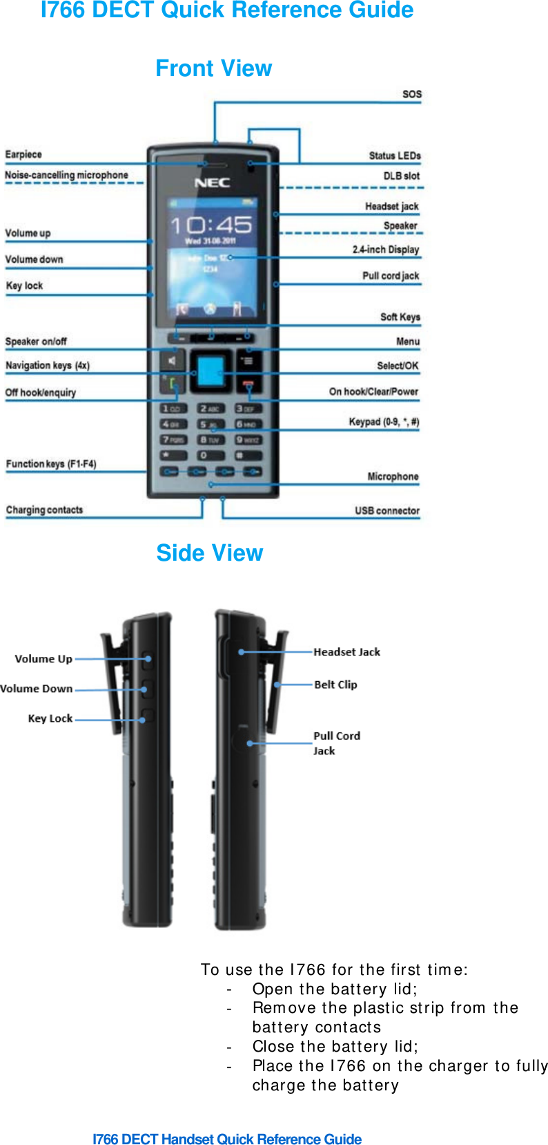         I766I766 DECT 6 DECT   FSHandset QuTo u----Quick R  Front VSide Vieick Referencse the I76Open thRemovebattery Close thPlace thcharge tRefereniewew ce Guide 66 for the he battery e the plast contacts he battery he I766 onthe batternce Guidfirst time: lid; tic strip fro lid; n the chargry de   om the ger to fully  y 