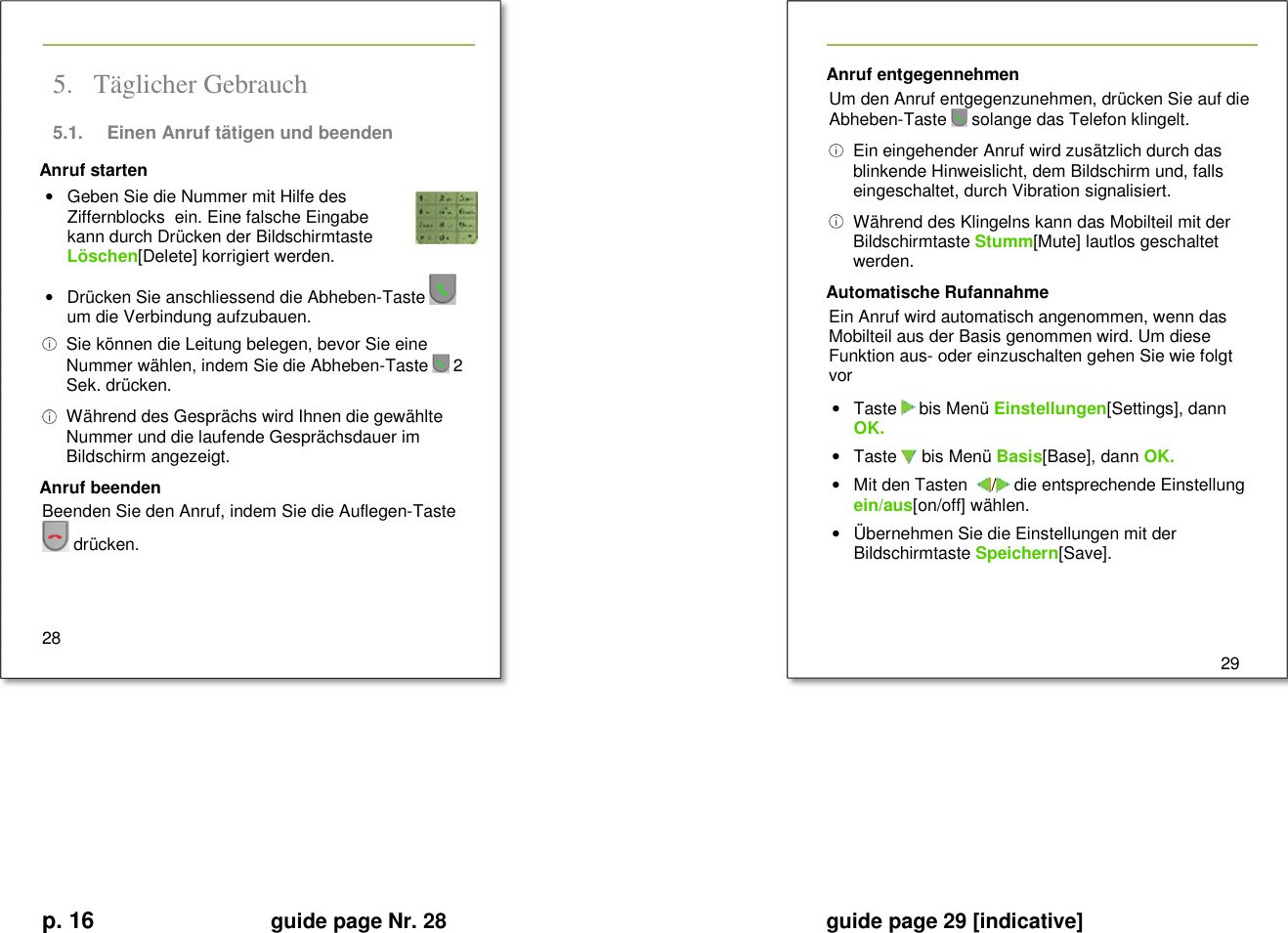 p. 16 guide page Nr. 28  guide page 29 [indicative]         5. Täglicher Gebrauch  5.1.  Einen Anruf tätigen und beenden Anruf starten •  Geben Sie die Nummer mit Hilfe des Ziffernblocks  ein. Eine falsche Eingabe kann durch Drücken der Bildschirmtaste Löschen[Delete] korrigiert werden. •  Drücken Sie anschliessend die Abheben-Taste   um die Verbindung aufzubauen.   Sie können die Leitung belegen, bevor Sie eine Nummer wählen, indem Sie die Abheben-Taste   2 Sek. drücken.   Während des Gesprächs wird Ihnen die gewählte Nummer und die laufende Gesprächsdauer im Bildschirm angezeigt. Anruf beenden Beenden Sie den Anruf, indem Sie die Auflegen-Taste  drücken.   28   Anruf entgegennehmen Um den Anruf entgegenzunehmen, drücken Sie auf die Abheben-Taste   solange das Telefon klingelt.   Ein eingehender Anruf wird zusätzlich durch das blinkende Hinweislicht, dem Bildschirm und, falls eingeschaltet, durch Vibration signalisiert.   Während des Klingelns kann das Mobilteil mit der Bildschirmtaste Stumm[Mute] lautlos geschaltet werden. Automatische Rufannahme Ein Anruf wird automatisch angenommen, wenn das Mobilteil aus der Basis genommen wird. Um diese Funktion aus- oder einzuschalten gehen Sie wie folgt vor •  Taste   bis Menü Einstellungen[Settings], dann OK. •  Taste   bis Menü Basis[Base], dann OK. •  Mit den Tasten   /  die entsprechende Einstellung ein/aus[on/off] wählen. •  Übernehmen Sie die Einstellungen mit der Bildschirmtaste Speichern[Save].      29          