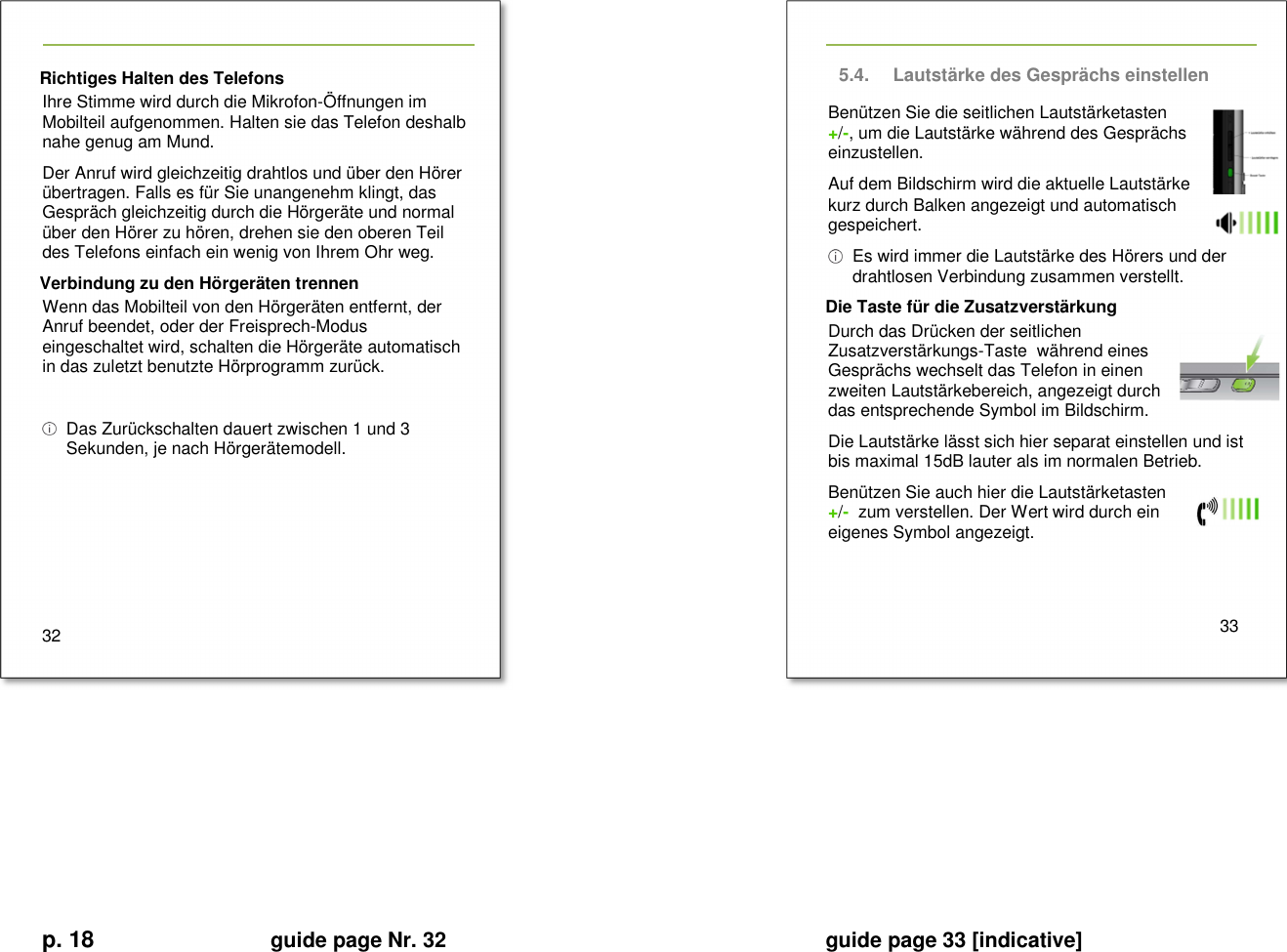 p. 18 guide page Nr. 32  guide page 33 [indicative]       Richtiges Halten des Telefons Ihre Stimme wird durch die Mikrofon-Öffnungen im Mobilteil aufgenommen. Halten sie das Telefon deshalb nahe genug am Mund. Der Anruf wird gleichzeitig drahtlos und über den Hörer übertragen. Falls es für Sie unangenehm klingt, das Gespräch gleichzeitig durch die Hörgeräte und normal über den Hörer zu hören, drehen sie den oberen Teil des Telefons einfach ein wenig von Ihrem Ohr weg. Verbindung zu den Hörgeräten trennen Wenn das Mobilteil von den Hörgeräten entfernt, der Anruf beendet, oder der Freisprech-Modus eingeschaltet wird, schalten die Hörgeräte automatisch in das zuletzt benutzte Hörprogramm zurück.     Das Zurückschalten dauert zwischen 1 und 3 Sekunden, je nach Hörgerätemodell.      32   5.4.  Lautstärke des Gesprächs einstellen Benützen Sie die seitlichen Lautstärketasten  +/-, um die Lautstärke während des Gesprächs einzustellen. Auf dem Bildschirm wird die aktuelle Lautstärke kurz durch Balken angezeigt und automatisch gespeichert.   Es wird immer die Lautstärke des Hörers und der drahtlosen Verbindung zusammen verstellt. Die Taste für die Zusatzverstärkung Durch das Drücken der seitlichen Zusatzverstärkungs-Taste  während eines Gesprächs wechselt das Telefon in einen zweiten Lautstärkebereich, angezeigt durch das entsprechende Symbol im Bildschirm. Die Lautstärke lässt sich hier separat einstellen und ist bis maximal 15dB lauter als im normalen Betrieb. Benützen Sie auch hier die Lautstärketasten +/-  zum verstellen. Der Wert wird durch ein eigenes Symbol angezeigt.     33          