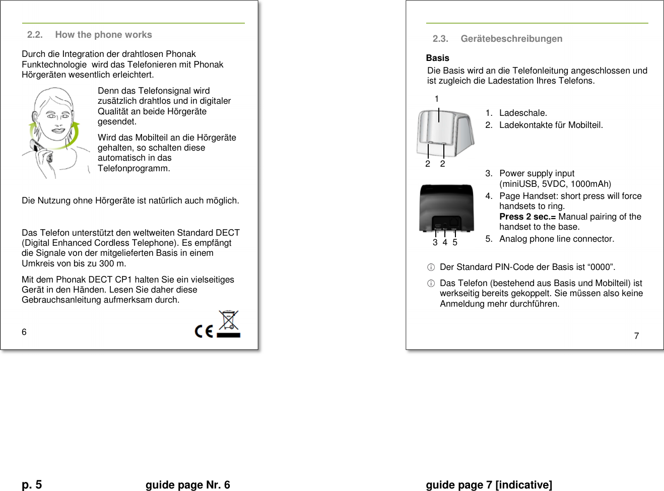 p. 5 guide page Nr. 6  guide page 7 [indicative]       2.2.  How the phone works Durch die Integration der drahtlosen Phonak Funktechnologie  wird das Telefonieren mit Phonak Hörgeräten wesentlich erleichtert. Denn das Telefonsignal wird zusätzlich drahtlos und in digitaler Qualität an beide Hörgeräte gesendet. Wird das Mobilteil an die Hörgeräte gehalten, so schalten diese automatisch in das Telefonprogramm.  Die Nutzung ohne Hörgeräte ist natürlich auch möglich.  Das Telefon unterstützt den weltweiten Standard DECT (Digital Enhanced Cordless Telephone). Es empfängt die Signale von der mitgelieferten Basis in einem Umkreis von bis zu 300 m. Mit dem Phonak DECT CP1 halten Sie ein vielseitiges Gerät in den Händen. Lesen Sie daher diese Gebrauchsanleitung aufmerksam durch.  6   2.3.  Gerätebeschreibungen Basis Die Basis wird an die Telefonleitung angeschlossen und ist zugleich die Ladestation Ihres Telefons.   1.  Ladeschale. 2.  Ladekontakte für Mobilteil.    3.  Power supply input (miniUSB, 5VDC, 1000mAh) 4.  Page Handset: short press will force handsets to ring. Press 2 sec.= Manual pairing of the handset to the base. 5.  Analog phone line connector.    Der Standard PIN-Code der Basis ist “0000”.   Das Telefon (bestehend aus Basis und Mobilteil) ist werkseitig bereits gekoppelt. Sie müssen also keine Anmeldung mehr durchführen.    7            3  4  5 1 2    2 