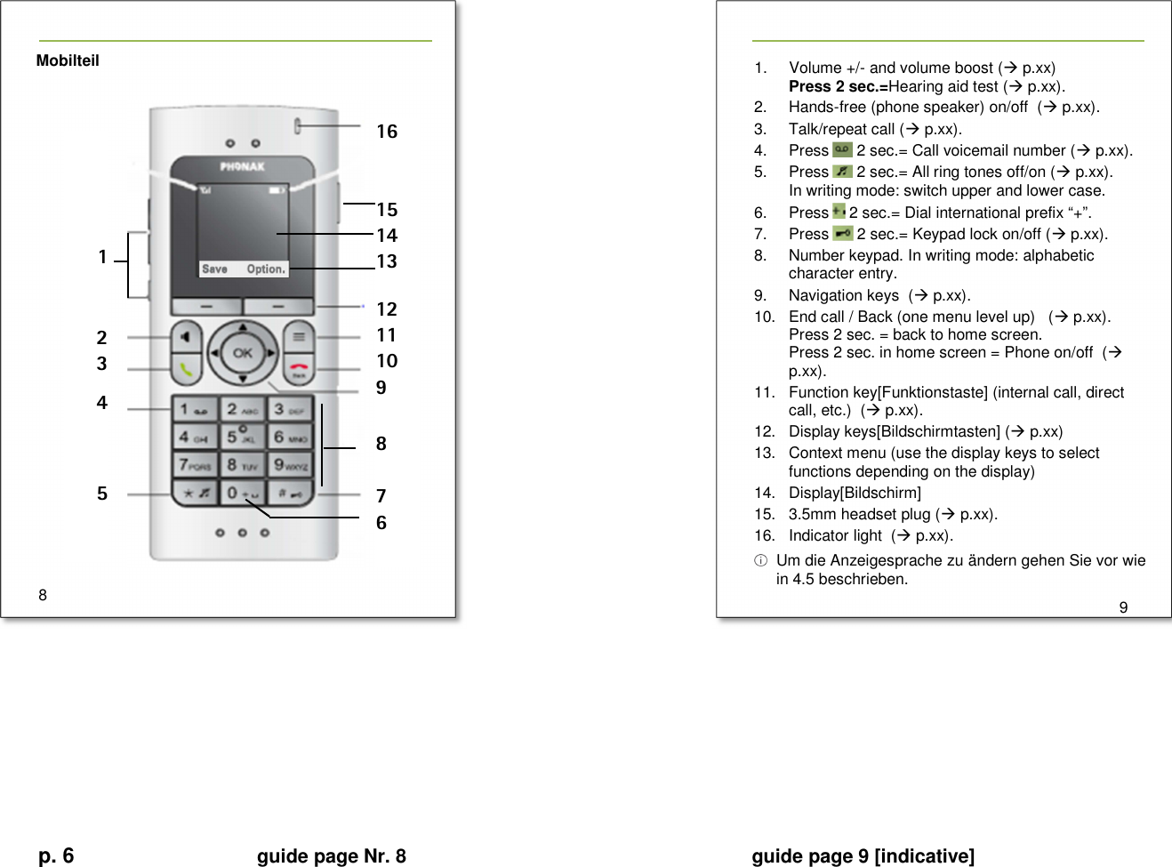 p. 6 guide page Nr. 8  guide page 9 [indicative]       Mobilteil                   8   1.  Volume +/- and volume boost ( p.xx) Press 2 sec.=Hearing aid test ( p.xx). 2.  Hands-free (phone speaker) on/off  ( p.xx). 3.  Talk/repeat call ( p.xx). 4.  Press   2 sec.= Call voicemail number ( p.xx). 5.  Press   2 sec.= All ring tones off/on ( p.xx). In writing mode: switch upper and lower case. 6.  Press   2 sec.= Dial international prefix “+”. 7.  Press   2 sec.= Keypad lock on/off ( p.xx). 8.  Number keypad. In writing mode: alphabetic character entry. 9.  Navigation keys  ( p.xx). 10.  End call / Back (one menu level up)   ( p.xx). Press 2 sec. = back to home screen. Press 2 sec. in home screen = Phone on/off  ( p.xx). 11.  Function key[Funktionstaste] (internal call, direct call, etc.)  ( p.xx). 12.  Display keys[Bildschirmtasten] ( p.xx) 13.  Context menu (use the display keys to select functions depending on the display) 14.  Display[Bildschirm] 15.  3.5mm headset plug ( p.xx). 16.  Indicator light  ( p.xx).   Um die Anzeigesprache zu ändern gehen Sie vor wie in 4.5 beschrieben.   9          1234  516   15 14 13  12 11 10 9   8  7 6 