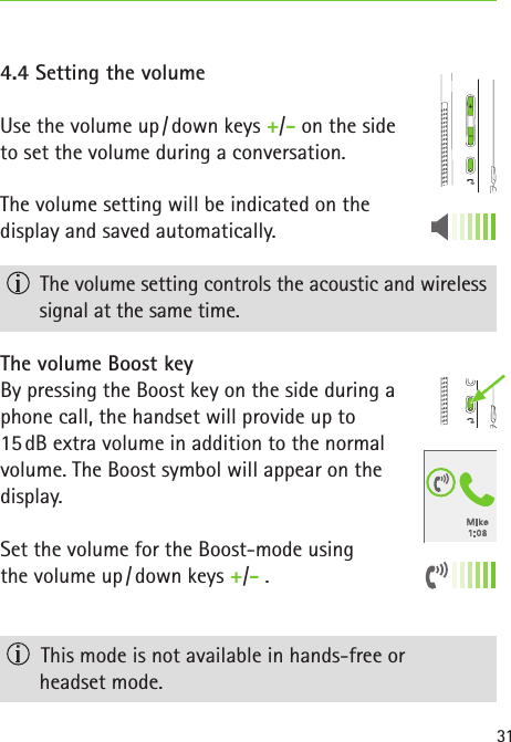 314.4 Setting the volumeUse the volume up / down keys +/- on the side  to set the volume during a conversation.The volume setting will be indicated on the  display and saved automatically.  The volume setting controls the acoustic and wireless signal at the same time.The volume Boost keyBy pressing the Boost key on the side during a  phone call, the handset will provide up to  15 dB extra volume in addition to the normal  volume. The Boost symbol will appear on the  display.Set the volume for the Boost-mode using  the volume up / down keys +/- .  This mode is not available in hands-free or  headset mode.