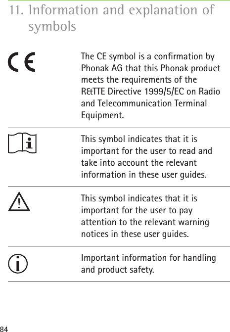 8411.  Information and explanation of symbolsThe CE symbol is a conrmation by Phonak AG that this Phonak product meets the requirements of the  R&amp;TTE Directive 1999/5/EC on Radio  and Telecommunication Terminal  Equipment. This symbol indicates that it is  important for the user to read and take into account the relevant  information in these user guides.This symbol indicates that it is  important for the user to pay  attention to the relevant warning notices in these user guides.Important information for handling and product safety.