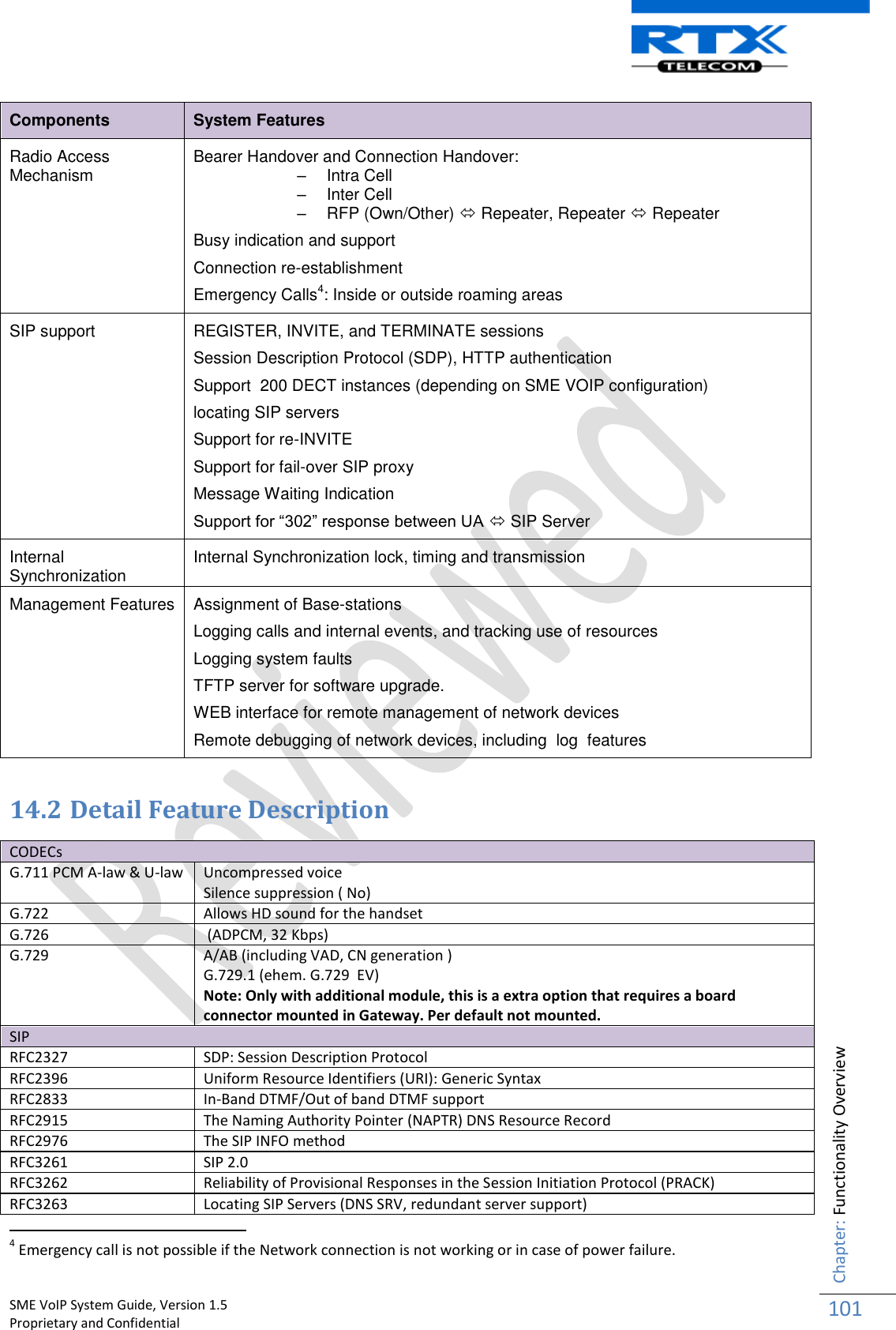    SME VoIP System Guide, Version 1.5                                                                                                                                                          Proprietary and Confidential    Chapter: Functionality Overview 101  Components System Features Radio Access Mechanism Bearer Handover and Connection Handover:   –  Intra Cell –  Inter Cell –  RFP (Own/Other)  Repeater, Repeater  Repeater Busy indication and support Connection re-establishment Emergency Calls4: Inside or outside roaming areas SIP support REGISTER, INVITE, and TERMINATE sessions Session Description Protocol (SDP), HTTP authentication Support  200 DECT instances (depending on SME VOIP configuration) locating SIP servers Support for re-INVITE Support for fail-over SIP proxy Message Waiting Indication  Support for “302” response between UA  SIP Server Internal  Synchronization Internal Synchronization lock, timing and transmission Management Features Assignment of Base-stations Logging calls and internal events, and tracking use of resources Logging system faults TFTP server for software upgrade.  WEB interface for remote management of network devices Remote debugging of network devices, including  log  features  14.2 Detail Feature Description  CODECs G.711 PCM A-law &amp; U-law Uncompressed voice Silence suppression ( No) G.722 Allows HD sound for the handset G.726  (ADPCM, 32 Kbps) G.729 A/AB (including VAD, CN generation ) G.729.1 (ehem. G.729  EV) Note: Only with additional module, this is a extra option that requires a board connector mounted in Gateway. Per default not mounted.  SIP RFC2327 SDP: Session Description Protocol RFC2396 Uniform Resource Identifiers (URI): Generic Syntax RFC2833 In-Band DTMF/Out of band DTMF support RFC2915 The Naming Authority Pointer (NAPTR) DNS Resource Record RFC2976 The SIP INFO method RFC3261 SIP 2.0 RFC3262 Reliability of Provisional Responses in the Session Initiation Protocol (PRACK) RFC3263 Locating SIP Servers (DNS SRV, redundant server support)                                                            4 Emergency call is not possible if the Network connection is not working or in case of power failure. 