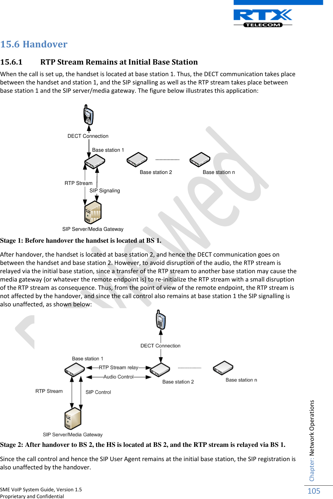    SME VoIP System Guide, Version 1.5                                                                                                                                                          Proprietary and Confidential    Chapter: Network Operations 105  15.6 Handover 15.6.1 RTP Stream Remains at Initial Base Station When the call is set up, the handset is located at base station 1. Thus, the DECT communication takes place between the handset and station 1, and the SIP signalling as well as the RTP stream takes place between base station 1 and the SIP server/media gateway. The figure below illustrates this application:  SIP Server/Media GatewayBase station 1DECT ConnectionRTP StreamSIP SignalingBase station 2 Base station n Stage 1: Before handover the handset is located at BS 1. After handover, the handset is located at base station 2, and hence the DECT communication goes on between the handset and base station 2. However, to avoid disruption of the audio, the RTP stream is relayed via the initial base station, since a transfer of the RTP stream to another base station may cause the media gateway (or whatever the remote endpoint is) to re-initialize the RTP stream with a small disruption of the RTP stream as consequence. Thus, from the point of view of the remote endpoint, the RTP stream is not affected by the handover, and since the call control also remains at base station 1 the SIP signalling is also unaffected, as shown below:  Stage 2: After handover to BS 2, the HS is located at BS 2, and the RTP stream is relayed via BS 1. Since the call control and hence the SIP User Agent remains at the initial base station, the SIP registration is also unaffected by the handover. 