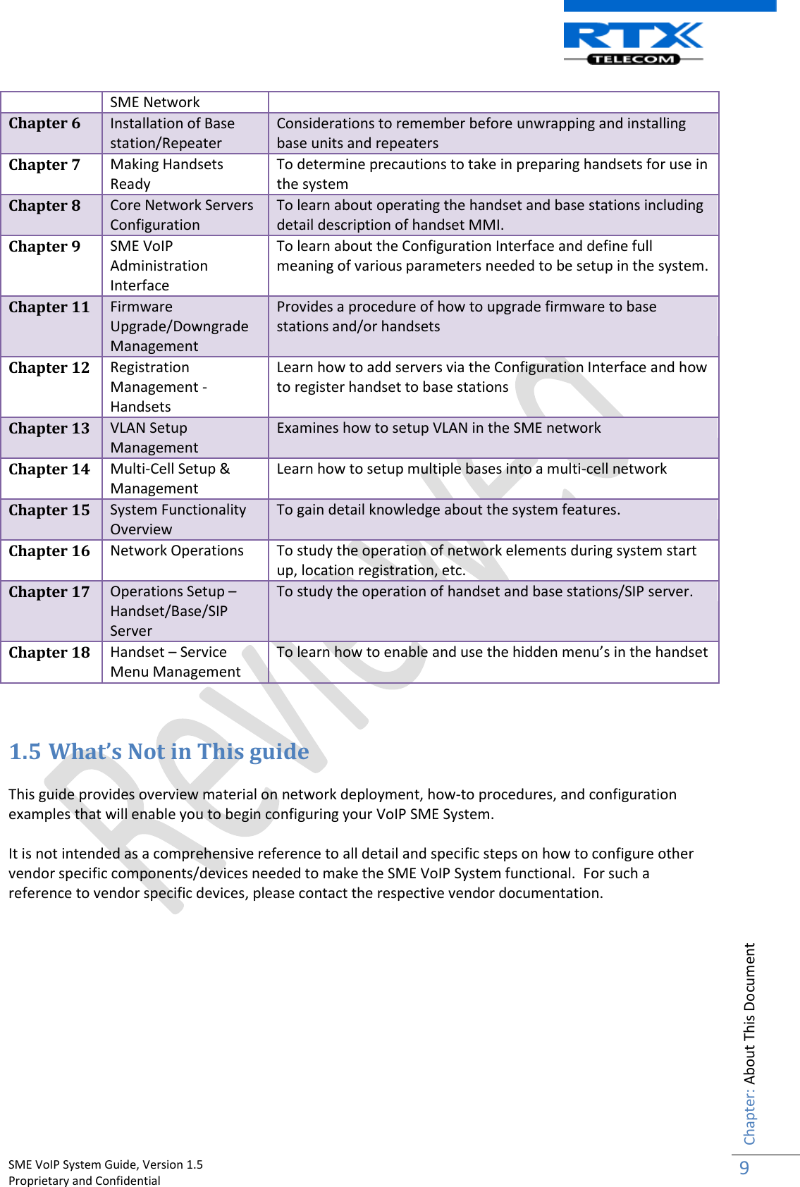    SME VoIP System Guide, Version 1.5                                                                                                                                                          Proprietary and Confidential    Chapter: About This Document 9  SME Network  Chapter 6 Installation of Base station/Repeater Considerations to remember before unwrapping and installing base units and repeaters Chapter 7 Making Handsets Ready To determine precautions to take in preparing handsets for use in the system Chapter 8 Core Network Servers Configuration To learn about operating the handset and base stations including detail description of handset MMI. Chapter 9 SME VoIP Administration Interface To learn about the Configuration Interface and define full meaning of various parameters needed to be setup in the system. Chapter 11 Firmware Upgrade/Downgrade Management Provides a procedure of how to upgrade firmware to base stations and/or handsets Chapter 12 Registration Management - Handsets Learn how to add servers via the Configuration Interface and how to register handset to base stations Chapter 13 VLAN Setup Management Examines how to setup VLAN in the SME network Chapter 14 Multi-Cell Setup &amp; Management Learn how to setup multiple bases into a multi-cell network Chapter 15 System Functionality Overview  To gain detail knowledge about the system features. Chapter 16 Network Operations To study the operation of network elements during system start up, location registration, etc. Chapter 17 Operations Setup – Handset/Base/SIP Server To study the operation of handset and base stations/SIP server. Chapter 18 Handset – Service Menu Management To learn how to enable and use the hidden menu’s in the handset   1.5 What’s Not in This guide  This guide provides overview material on network deployment, how-to procedures, and configuration examples that will enable you to begin configuring your VoIP SME System.   It is not intended as a comprehensive reference to all detail and specific steps on how to configure other vendor specific components/devices needed to make the SME VoIP System functional.  For such a reference to vendor specific devices, please contact the respective vendor documentation.           