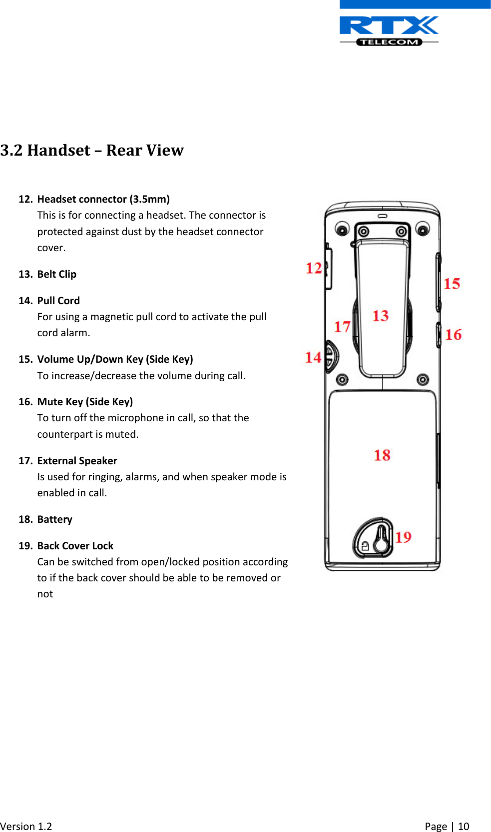  Version 1.2     Page | 10      3.2 Handset – Rear View   12. Headset connector (3.5mm) This is for connecting a headset. The connector is protected against dust by the headset connector cover. 13. Belt Clip 14. Pull Cord For using a magnetic pull cord to activate the pull cord alarm. 15. Volume Up/Down Key (Side Key) To increase/decrease the volume during call. 16. Mute Key (Side Key) To turn off the microphone in call, so that the counterpart is muted. 17. External Speaker  Is used for ringing, alarms, and when speaker mode is enabled in call. 18. Battery 19. Back Cover Lock Can be switched from open/locked position according to if the back cover should be able to be removed or not          