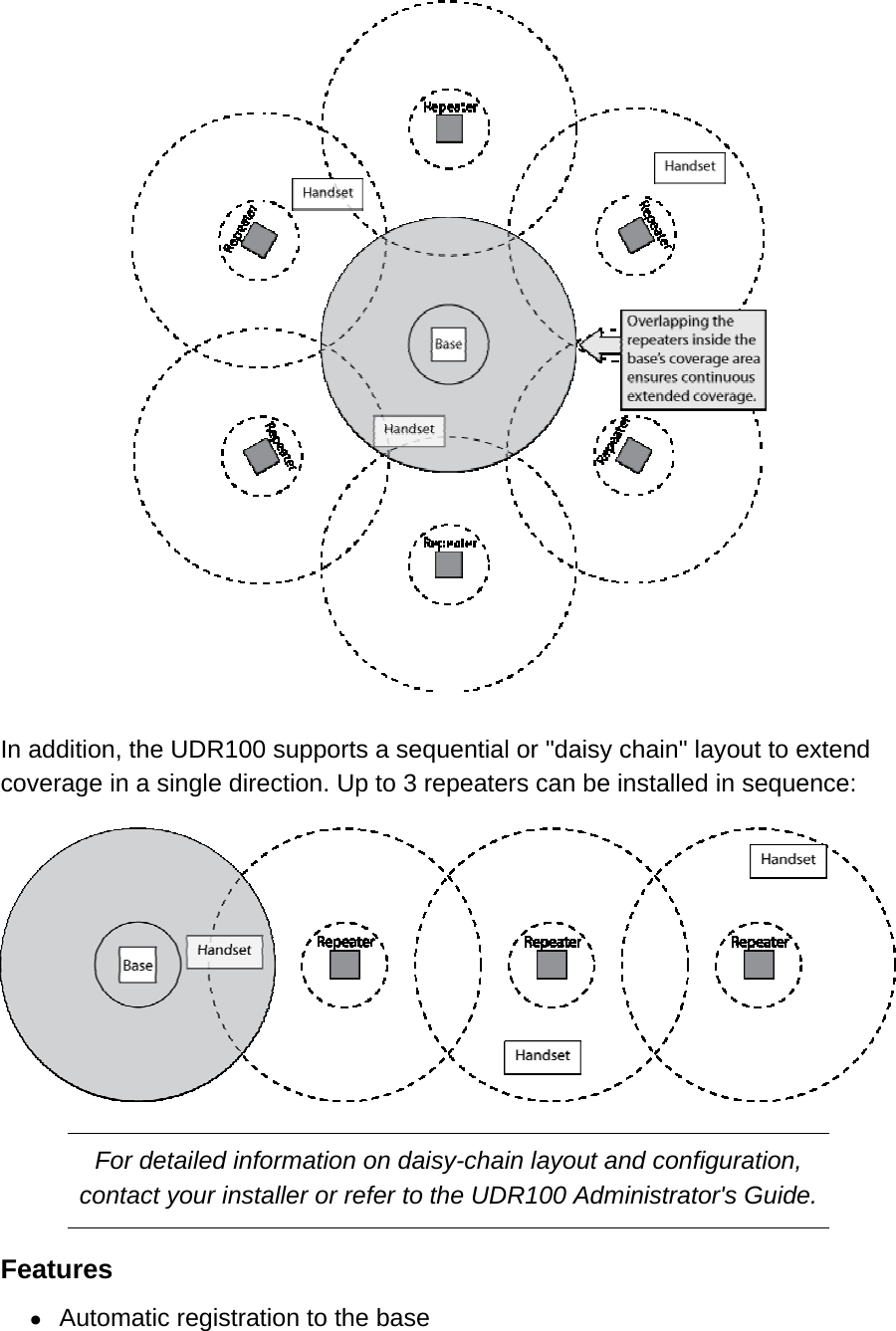  In addition, the UDR100 supports a sequential or &quot;daisy chain&quot; layout to extend coverage in a single direction. Up to 3 repeaters can be installed in sequence:  For detailed information on daisy-chain layout and configuration, contact your installer or refer to the UDR100 Administrator&apos;s Guide. Features •  Automatic registration to the base 