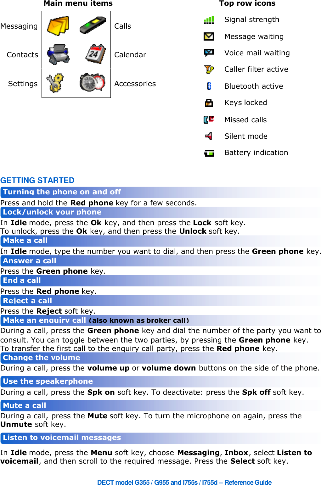 DECT model G355 / G955 and I755s / I755d – ReferenceGuideMain menu itemsMessaging CallsContacts CalendarSettings AccessoriesGETTING STARTEDPress and hold the Red phone key for a few seconds.In Idle mode, press the Ok key, and then press the Lock soft key.To unlock, press the Ok key, and then press the Unlock soft key.In Idle mode, type the number you want to dial, and then press the Green phone key.Press the Green phone key.Press the Red phone key.Press the Reject soft key.During a call, press the Green phone key and dial the number of the party you want toconsult. You can toggle between the two parties, by pressing the Green phone key.To transfer the first call to the enquiry call party, press the Red phone key.During a call, press the volume up or volume down buttons on the side of the phone.During a call, press the Spk on soft key. To deactivate: press the Spk off soft key.During a call, press the Mute soft key. To turn the microphone on again, press theUnmute soft key.In Idle mode, press the Menu soft key, choose Messaging,Inbox, select Listen tovoicemail, and then scroll to the required message. Press the Select soft key.Top row iconsSignal strengthMessage waitingVoice mail waitingCaller filter activeBluetooth activeKeys lockedMissed callsSilent modeBattery indicationListen to voicemail messagesMake an enquiry call(also known asbroker call)Answer a callEnda callRejecta callTurning the phone on and offLock/unlock your phoneMake a callChange the volumeUse the speakerphoneMute a call