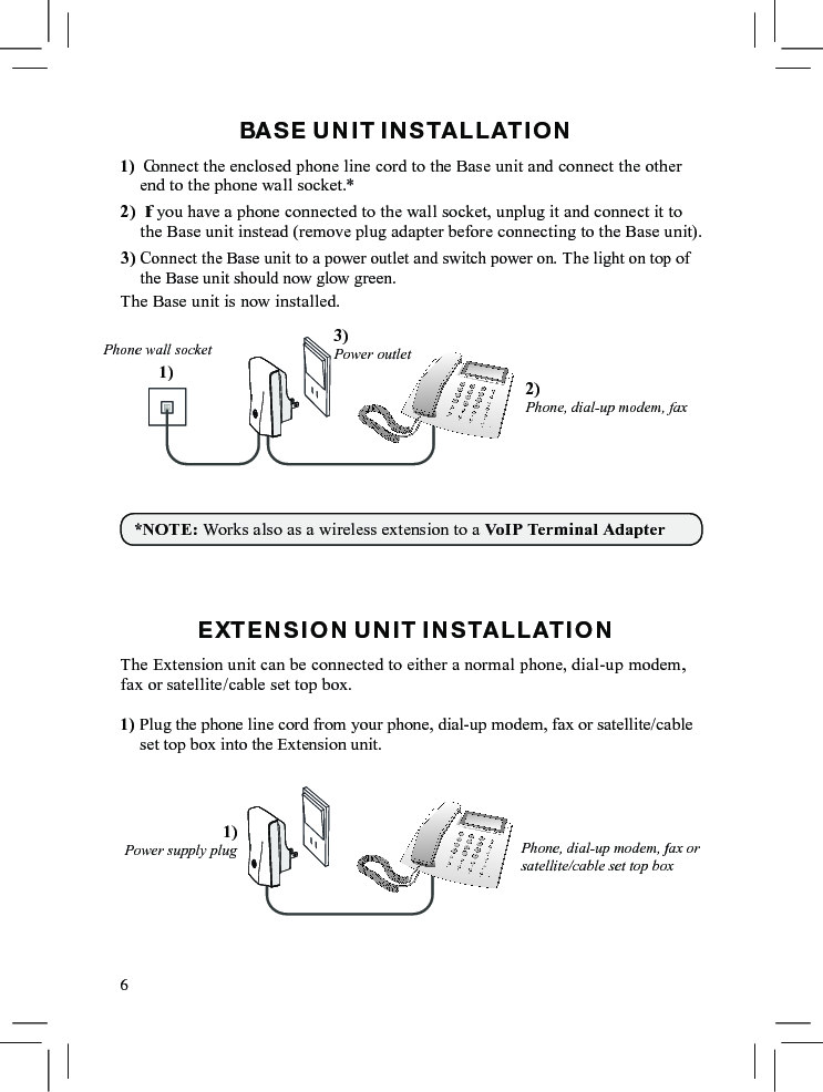 6BASE UNIT INSTALLATION1)  Connect the enclosed phone line cord to the Base unit and connect the other end to the phone wall socket.*2)  If you have a phone connected to the wall socket, unplug it and connect it to the Base unit instead (remove plug adapter before connecting to the Base unit). 3)  Connect the Base unit to a power outlet and switch power on. The light on top of the Base unit should now glow green.The Base unit is now installed. EXTENSION UNIT INSTALLATIONThe Extension unit can be connected to either a normal phone, dial-up modem, fax or satellite/cable set top box.1) Plug the phone line cord from your phone, dial-up modem, fax or satellite/cable set top box into the Extension unit. *NOTE: Works also as a wireless extension to a VoIP Terminal Adapter    Phone wall socket  1)3)Power outlet2)Phone, dial-up modem, fax1)Power supply plug Phone, dial-up modem, fax orsatellite/cable set top box     