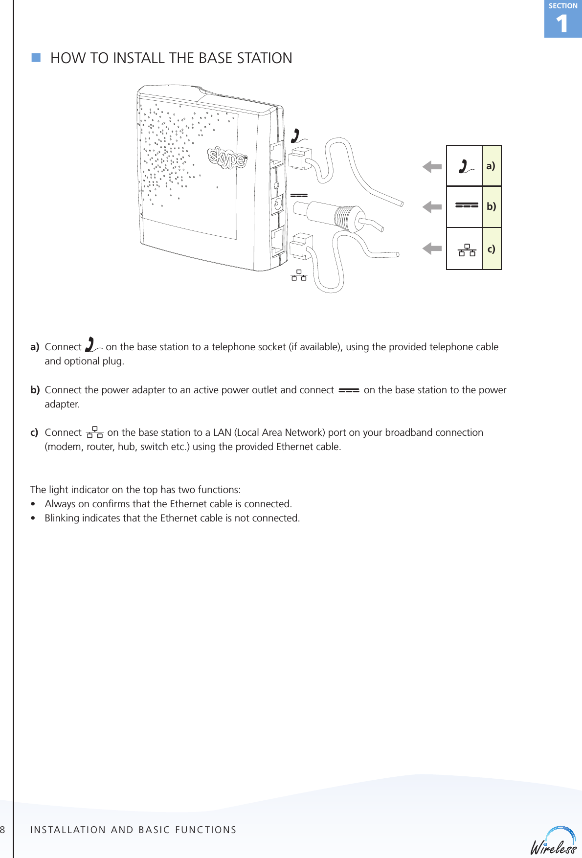 8english1Sectionn  HOW TO INSTALL THE BASE STATIONa) Connect   on the base station to a telephone socket (if available), using the provided telephone cable and optional plug. b)  Connect the power adapter to an active power outlet and connect   on the base station to the power adapter.c) Connect   on the base station to a LAN (Local Area Network) port on your broadband connection (modem, router, hub, switch etc.) using the provided Ethernet cable.The light indicator on the top has two functions:• AlwaysonconrmsthattheEthernetcableisconnected.• BlinkingindicatesthattheEthernetcableisnotconnected.c)b)a)INSTALLATION AND BASIC FUNCTIONS