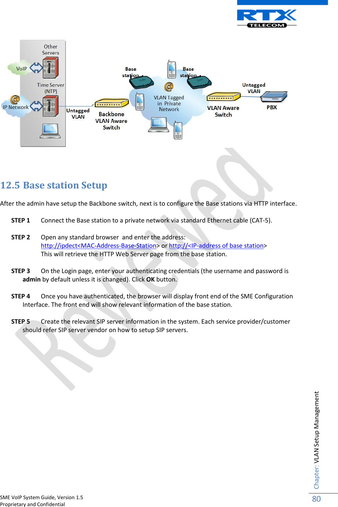    SME VoIP System Guide, Version 1.5                                                                                                                                                          Proprietary and Confidential    Chapter: VLAN Setup Management 80      12.5 Base station Setup   After the admin have setup the Backbone switch, next is to configure the Base stations via HTTP interface.   STEP 1 Connect the Base station to a private network via standard Ethernet cable (CAT-5).   STEP 2 Open any standard browser  and enter the address:  http://ipdect&lt;MAC-Address-Base-Station&gt; or http://&lt;IP-address of base station&gt; This will retrieve the HTTP Web Server page from the base station.  STEP 3 On the Login page, enter your authenticating credentials (the username and password is admin by default unless it is changed). Click OK button.  STEP 4 Once you have authenticated, the browser will display front end of the SME Configuration Interface. The front end will show relevant information of the base station.  STEP 5 Create the relevant SIP server information in the system. Each service provider/customer should refer SIP server vendor on how to setup SIP servers.                 