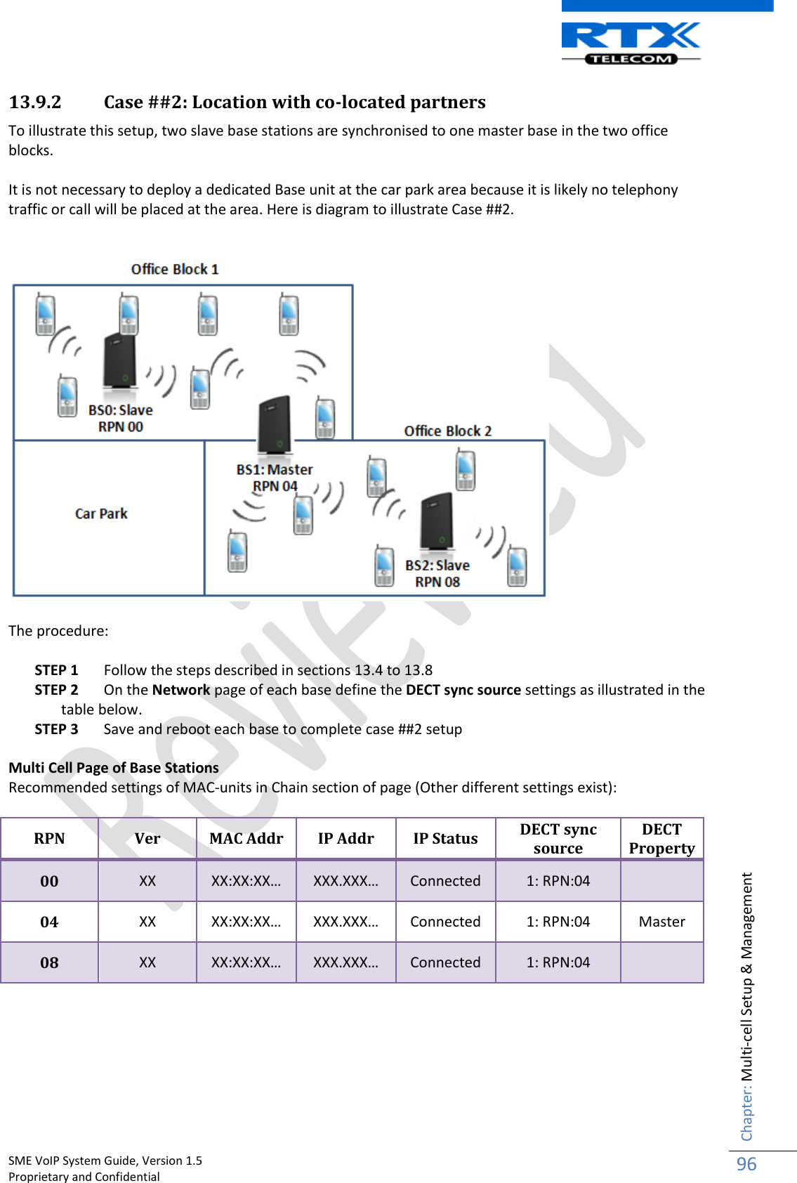    SME VoIP System Guide, Version 1.5                                                                                                                                                          Proprietary and Confidential    Chapter: Multi-cell Setup &amp; Management 96  13.9.2 Case ##2: Location with co-located partners  To illustrate this setup, two slave base stations are synchronised to one master base in the two office blocks.   It is not necessary to deploy a dedicated Base unit at the car park area because it is likely no telephony traffic or call will be placed at the area. Here is diagram to illustrate Case ##2.     The procedure:  STEP 1 Follow the steps described in sections 13.4 to 13.8 STEP 2 On the Network page of each base define the DECT sync source settings as illustrated in the table below. STEP 3 Save and reboot each base to complete case ##2 setup  Multi Cell Page of Base Stations Recommended settings of MAC-units in Chain section of page (Other different settings exist):  RPN Ver MAC Addr IP Addr IP Status DECT sync source DECT Property 00 XX XX:XX:XX… XXX.XXX… Connected 1: RPN:04  04 XX XX:XX:XX… XXX.XXX… Connected 1: RPN:04 Master 08 XX XX:XX:XX… XXX.XXX… Connected 1: RPN:04        