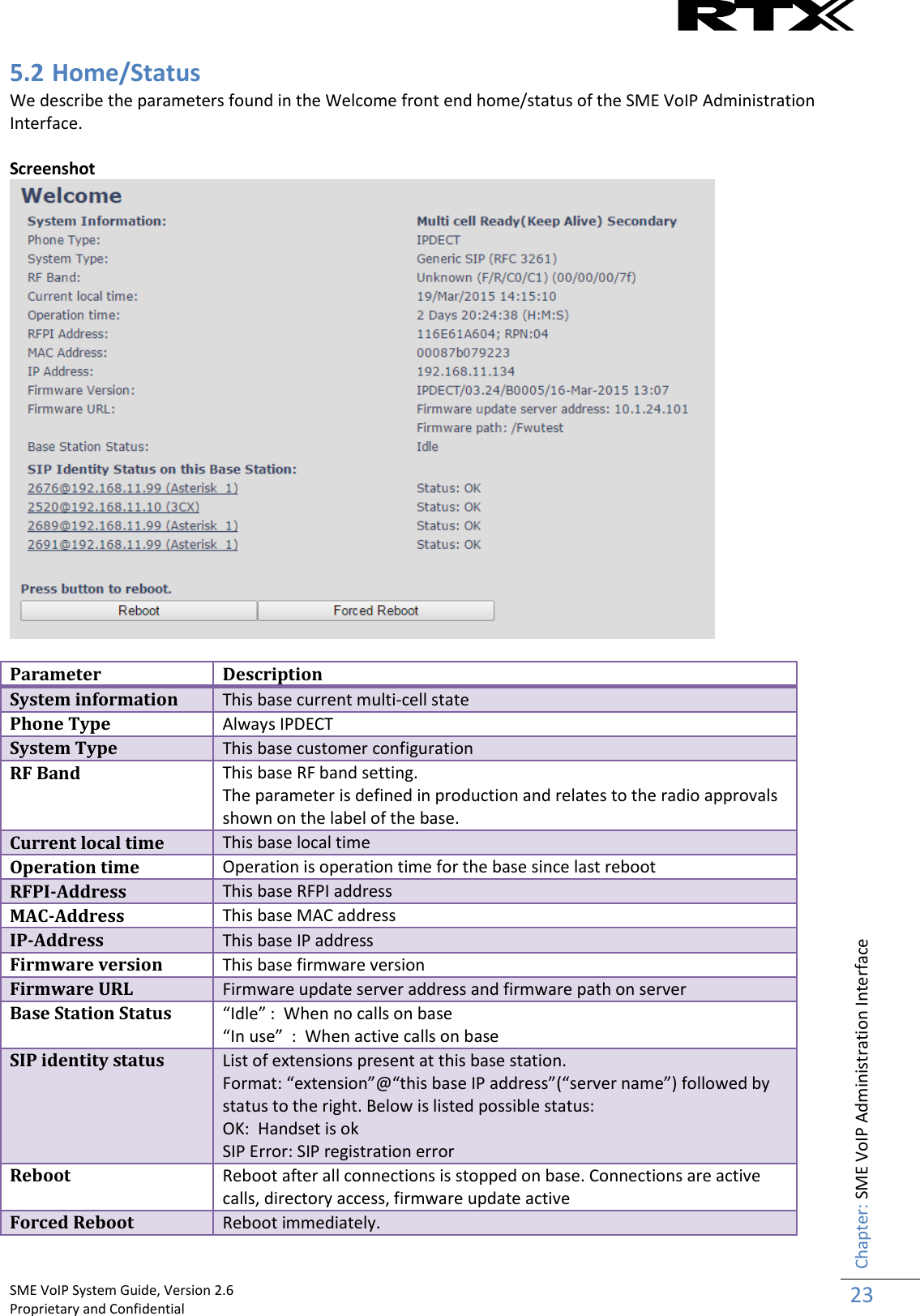    SME VoIP System Guide, Version 2.6                                                                                                                                                          Proprietary and Confidential    Chapter: SME VoIP Administration Interface 23  5.2 Home/Status  We describe the parameters found in the Welcome front end home/status of the SME VoIP Administration Interface.  Screenshot    Parameter Description System information This base current multi-cell state Phone Type Always IPDECT System Type This base customer configuration RF Band This base RF band setting.  The parameter is defined in production and relates to the radio approvals shown on the label of the base. Current local time This base local time Operation time Operation is operation time for the base since last reboot RFPI-Address This base RFPI address MAC-Address This base MAC address IP-Address This base IP address Firmware version This base firmware version Firmware URL Firmware update server address and firmware path on server Base Station Status “Idle” :  When no calls on base “In use”  :  When active calls on base SIP identity status List of extensions present at this base station. Format: “extension”@“this base IP address”(“server name”) followed by status to the right. Below is listed possible status: OK:  Handset is ok SIP Error: SIP registration error  Reboot Reboot after all connections is stopped on base. Connections are active calls, directory access, firmware update active Forced Reboot Reboot immediately. 