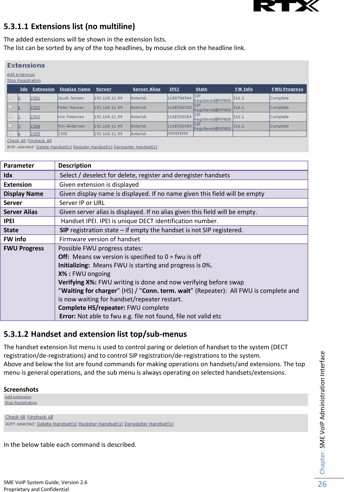    SME VoIP System Guide, Version 2.6                                                                                                                                                          Proprietary and Confidential    Chapter: SME VoIP Administration Interface 26  5.3.1.1 Extensions list (no multiline) The added extensions will be shown in the extension lists.  The list can be sorted by any of the top headlines, by mouse click on the headline link.    Parameter Description Idx  Select / deselect for delete, register and deregister handsets Extension Given extension is displayed Display Name Given display name is displayed. If no name given this field will be empty Server Server IP or URL Server Alias Given server alias is displayed. If no alias given this field will be empty. IPEI  Handset IPEI. IPEI is unique DECT identification number. State  SIP registration state – if empty the handset is not SIP registered. FW info Firmware version of handset FWU Progress Possible FWU progress states: Off:  Means sw version is specified to 0 = fwu is off Initializing:  Means FWU is starting and progress is 0%. X% : FWU ongoing Verifying X%: FWU writing is done and now verifying before swap ”Waiting for charger” (HS) / ”Conn. term. wait” (Repeater):  All FWU is complete and is now waiting for handset/repeater restart. Complete HS/repeater: FWU complete Error: Not able to fwu e.g. file not found, file not valid etc 5.3.1.2 Handset and extension list top/sub-menus The handset extension list menu is used to control paring or deletion of handset to the system (DECT registration/de-registrations) and to control SIP registration/de-registrations to the system. Above and below the list are found commands for making operations on handsets/and extensions. The top menu is general operations, and the sub menu is always operating on selected handsets/extensions.  Screenshots     In the below table each command is described.  