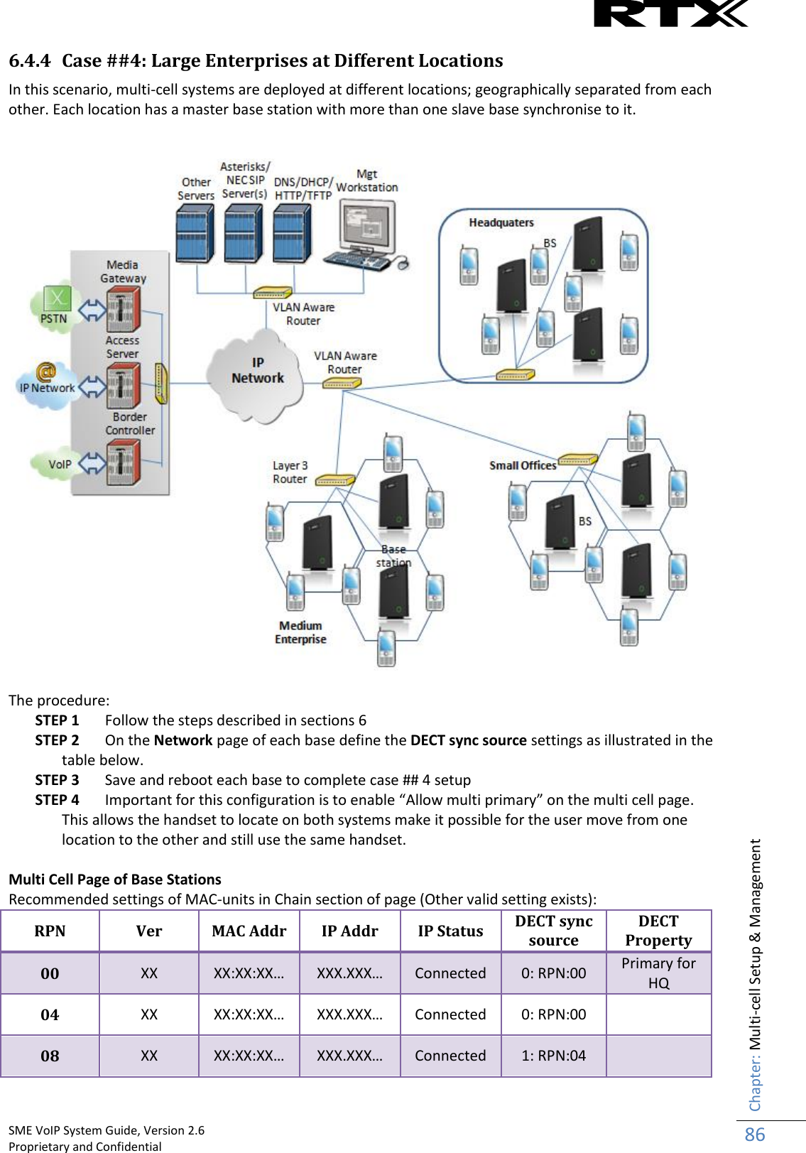    SME VoIP System Guide, Version 2.6                                                                                                                                                          Proprietary and Confidential    Chapter: Multi-cell Setup &amp; Management 86  6.4.4 Case ##4: Large Enterprises at Different Locations In this scenario, multi-cell systems are deployed at different locations; geographically separated from each other. Each location has a master base station with more than one slave base synchronise to it.      The procedure: STEP 1 Follow the steps described in sections 6 STEP 2 On the Network page of each base define the DECT sync source settings as illustrated in the table below. STEP 3 Save and reboot each base to complete case ## 4 setup STEP 4 Important for this configuration is to enable “Allow multi primary” on the multi cell page. This allows the handset to locate on both systems make it possible for the user move from one location to the other and still use the same handset.  Multi Cell Page of Base Stations Recommended settings of MAC-units in Chain section of page (Other valid setting exists): RPN Ver MAC Addr IP Addr IP Status DECT sync source DECT Property 00 XX XX:XX:XX… XXX.XXX… Connected 0: RPN:00 Primary for HQ 04 XX XX:XX:XX… XXX.XXX… Connected 0: RPN:00  08 XX XX:XX:XX… XXX.XXX… Connected 1: RPN:04  