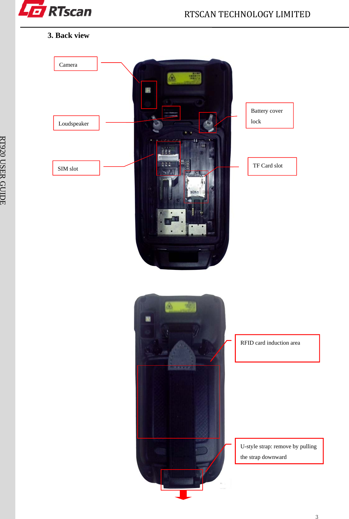                             RTSCANTECHNOLOGYLIMITED  3RT920 USER GUIDE 3. Back view   Camera Loudspeaker TF Card slot SIM slot Battery cover lock U-style strap: remove by pulling the strap downward RFID card induction area 