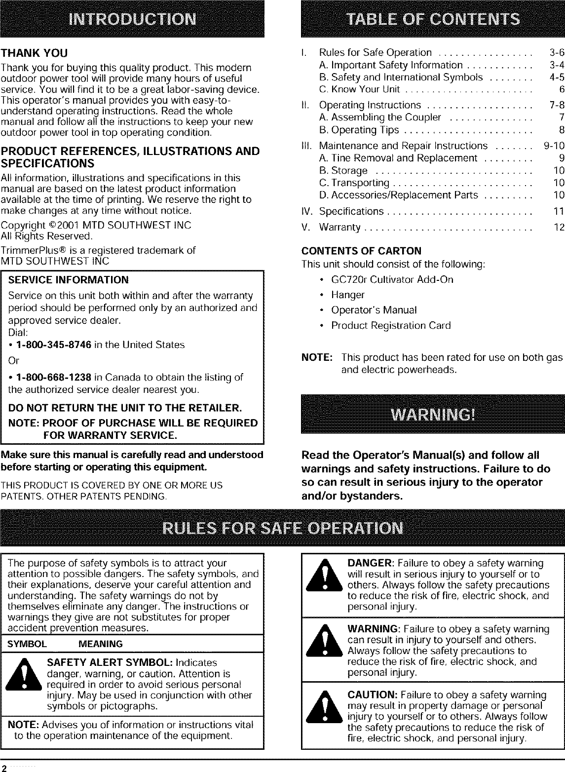 Page 2 of 12 - RYOBI  Cultivator Manual L0403049