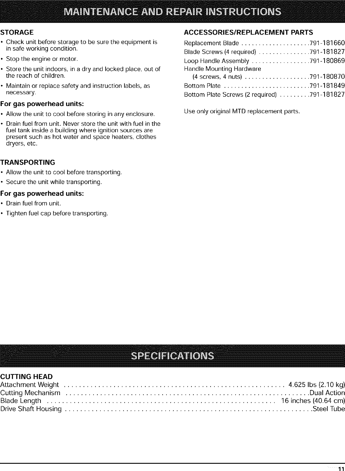 Page 11 of 12 - RYOBI  Hedge Trimmer, Gas Manual L0403050