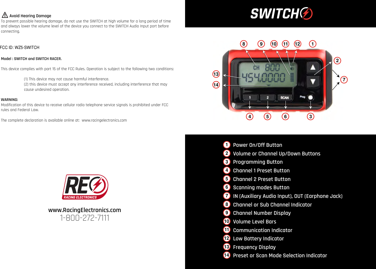 www.RacingElectronics.com1-800-272-7111        Avoid Hearing DamageTo prevent possible hearing damage, do not use the SWITCH at high volume for a long period of time and always lower the volume level of the device you connect to the SWITCH Audio Input port before connecting.Model : SWITCH and SWITCH RACER.This device complies with part 15 of the FCC Rules. Operation is subject to the following two conditions:   (1) This device may not cause harmful interference.  (2) this device must accept any interference received, including interference that may   cause undesired operation.WARNING: Modification of this device to receive cellular radio telephone service signals is prohibited under FCC rules and Federal Law.The complete declaration is available online at:  www.racingelectronics.comPower On/Off ButtonVolume or Channel Up/Down ButtonsProgramming ButtonChannel 1 Preset ButtonChannel 2 Preset ButtonScanning modes ButtonIN (Auxiliary Audio Input), OUT (Earphone Jack)Channel or Sub Channel IndicatorChannel Number DisplayVolume Level BarsCommunication IndicatorLow Battery IndicatorFrequency DisplayPreset or Scan Mode Selection Indicator127345689101112131412734 5 68 9 10 11 121314WZ5-SWITCHFCC ID: