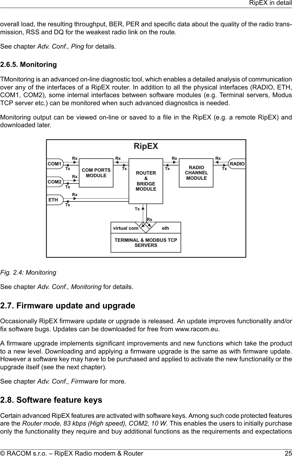 overall load, the resulting throughput, BER, PER and specific data about the quality of the radio trans-mission, RSS and DQ for the weakest radio link on the route.See chapter Adv. Conf., Ping for details.2.6.5. MonitoringTMonitoring is an advanced on-line diagnostic tool, which enables a detailed analysis of communicationover any of the interfaces of a RipEX router. In addition to all the physical interfaces (RADIO, ETH,COM1, COM2), some internal interfaces between software modules (e.g. Terminal servers, ModusTCP server etc.) can be monitored when such advanced diagnostics is needed.Monitoring output can be viewed on-line or saved to a file in the RipEX (e.g. a remote RipEX) anddownloaded later.COMPORTSMODULE ROUTER&amp;BRIDGEMODULETERMINAL &amp;MODBUSTCPSERVERSRADIOCHANNELMODULECOM1COM2ETHRADIOvirtualcom ethRipEXRxTxRxTxRxTxRxTxRxTxRxTxRxTxFig. 2.4: MonitoringSee chapter Adv. Conf., Monitoring for details.2.7. Firmware update and upgradeOccasionally RipEX firmware update or upgrade is released. An update improves functionality and/orfix software bugs. Updates can be downloaded for free from www.racom.eu.A firmware upgrade implements significant improvements and new functions which take the productto a new level. Downloading and applying a firmware upgrade is the same as with firmware update.However a software key may have to be purchased and applied to activate the new functionality or theupgrade itself (see the next chapter).See chapter Adv. Conf., Firmware for more.2.8. Software feature keysCertain advanced RipEX features are activated with software keys. Among such code protected featuresare the Router mode, 83 kbps (High speed), COM2, 10 W. This enables the users to initially purchaseonly the functionality they require and buy additional functions as the requirements and expectations25© RACOM s.r.o. – RipEX Radio modem &amp; RouterRipEX in detail