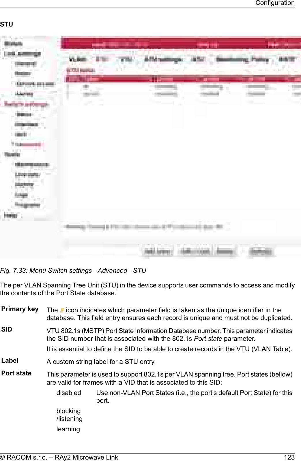 STUFig. 7.33: Menu Switch settings - Advanced - STUThe per VLAN Spanning Tree Unit (STU) in the device supports user commands to access and modifythe contents of the Port State database.Primary key The icon indicates which parameter field is taken as the unique identifier in thedatabase. This field entry ensures each record is unique and must not be duplicated.SID VTU 802.1s (MSTP) Port State Information Database number. This parameter indicatesthe SID number that is associated with the 802.1s Port state parameter.It is essential to define the SID to be able to create records in the VTU (VLAN Table).Label A custom string label for a STU entry.Port state This parameter is used to support 802.1s per VLAN spanning tree. Port states (bellow)are valid for frames with a VID that is associated to this SID:Use non-VLAN Port States (i.e., the port&apos;s default Port State) for thisport.disabledblocking/listeninglearning123© RACOM s.r.o. – RAy2 Microwave LinkConfiguration