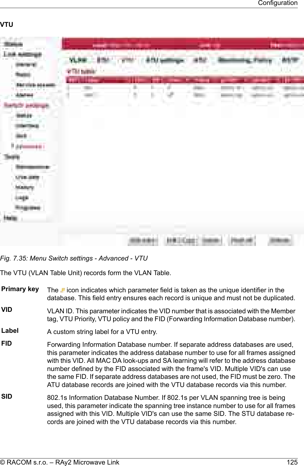 VTUFig. 7.35: Menu Switch settings - Advanced - VTUThe VTU (VLAN Table Unit) records form the VLAN Table.Primary key The icon indicates which parameter field is taken as the unique identifier in thedatabase. This field entry ensures each record is unique and must not be duplicated.VID VLAN ID. This parameter indicates the VID number that is associated with the Membertag, VTU Priority, VTU policy and the FID (Forwarding Information Database number).Label A custom string label for a VTU entry.FID Forwarding Information Database number. If separate address databases are used,this parameter indicates the address database number to use for all frames assignedwith this VID. All MAC DA look-ups and SA learning will refer to the address databasenumber defined by the FID associated with the frame&apos;s VID. Multiple VID&apos;s can usethe same FID. If separate address databases are not used, the FID must be zero. TheATU database records are joined with the VTU database records via this number.SID 802.1s Information Database Number. If 802.1s per VLAN spanning tree is beingused, this parameter indicate the spanning tree instance number to use for all framesassigned with this VID. Multiple VID&apos;s can use the same SID. The STU database re-cords are joined with the VTU database records via this number.125© RACOM s.r.o. – RAy2 Microwave LinkConfiguration