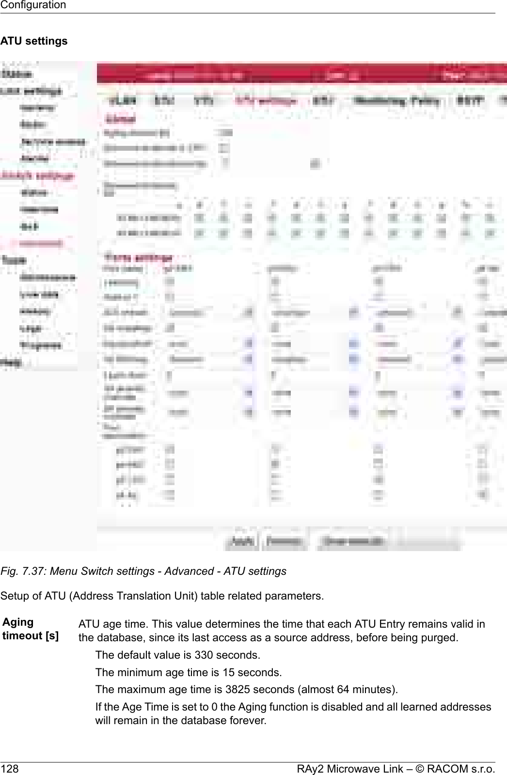 ATU settingsFig. 7.37: Menu Switch settings - Advanced - ATU settingsSetup of ATU (Address Translation Unit) table related parameters.Agingtimeout [s] ATU age time. This value determines the time that each ATU Entry remains valid inthe database, since its last access as a source address, before being purged.The default value is 330 seconds.The minimum age time is 15 seconds.The maximum age time is 3825 seconds (almost 64 minutes).If the Age Time is set to 0 the Aging function is disabled and all learned addresseswill remain in the database forever.RAy2 Microwave Link – © RACOM s.r.o.128Configuration