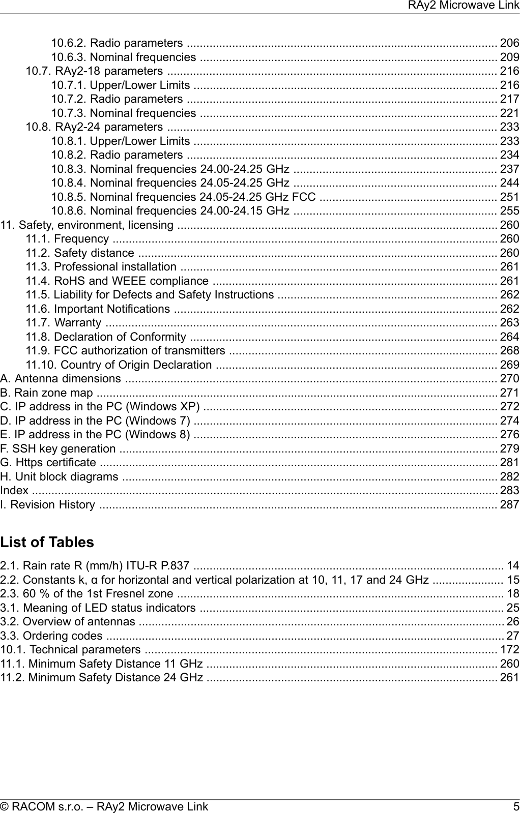 10.6.2. Radio parameters ................................................................................................ 20610.6.3. Nominal frequencies ............................................................................................ 20910.7. RAy2-18 parameters ...................................................................................................... 21610.7.1. Upper/Lower Limits .............................................................................................. 21610.7.2. Radio parameters ................................................................................................ 21710.7.3. Nominal frequencies ............................................................................................ 22110.8. RAy2-24 parameters ...................................................................................................... 23310.8.1. Upper/Lower Limits .............................................................................................. 23310.8.2. Radio parameters ................................................................................................ 23410.8.3. Nominal frequencies 24.00-24.25 GHz ............................................................... 23710.8.4. Nominal frequencies 24.05-24.25 GHz ............................................................... 24410.8.5. Nominal frequencies 24.05-24.25 GHz FCC ....................................................... 25110.8.6. Nominal frequencies 24.00-24.15 GHz ............................................................... 25511. Safety, environment, licensing ................................................................................................... 26011.1. Frequency ....................................................................................................................... 26011.2. Safety distance ............................................................................................................... 26011.3. Professional installation .................................................................................................. 26111.4. RoHS and WEEE compliance ........................................................................................ 26111.5. Liability for Defects and Safety Instructions .................................................................... 26211.6. Important Notifications .................................................................................................... 26211.7. Warranty ......................................................................................................................... 26311.8. Declaration of Conformity ............................................................................................... 26411.9. FCC authorization of transmitters ................................................................................... 26811.10. Country of Origin Declaration ....................................................................................... 269A. Antenna dimensions ................................................................................................................... 270B. Rain zone map ............................................................................................................................ 271C. IP address in the PC (Windows XP) ........................................................................................... 272D. IP address in the PC (Windows 7) .............................................................................................. 274E. IP address in the PC (Windows 8) .............................................................................................. 276F. SSH key generation ..................................................................................................................... 279G. Https certificate ........................................................................................................................... 281H. Unit block diagrams .................................................................................................................... 282Index ................................................................................................................................................283I. Revision History ........................................................................................................................... 287List of Tables2.1. Rain rate R (mm/h) ITU-R P.837 ................................................................................................ 142.2. Constants k, α for horizontal and vertical polarization at 10, 11, 17 and 24 GHz ...................... 152.3. 60 % of the 1st Fresnel zone ..................................................................................................... 183.1. Meaning of LED status indicators .............................................................................................. 253.2. Overview of antennas ................................................................................................................. 263.3. Ordering codes ........................................................................................................................... 2710.1. Technical parameters ............................................................................................................. 17211.1. Minimum Safety Distance 11 GHz .......................................................................................... 26011.2. Minimum Safety Distance 24 GHz .......................................................................................... 2615© RACOM s.r.o. – RAy2 Microwave LinkRAy2 Microwave Link