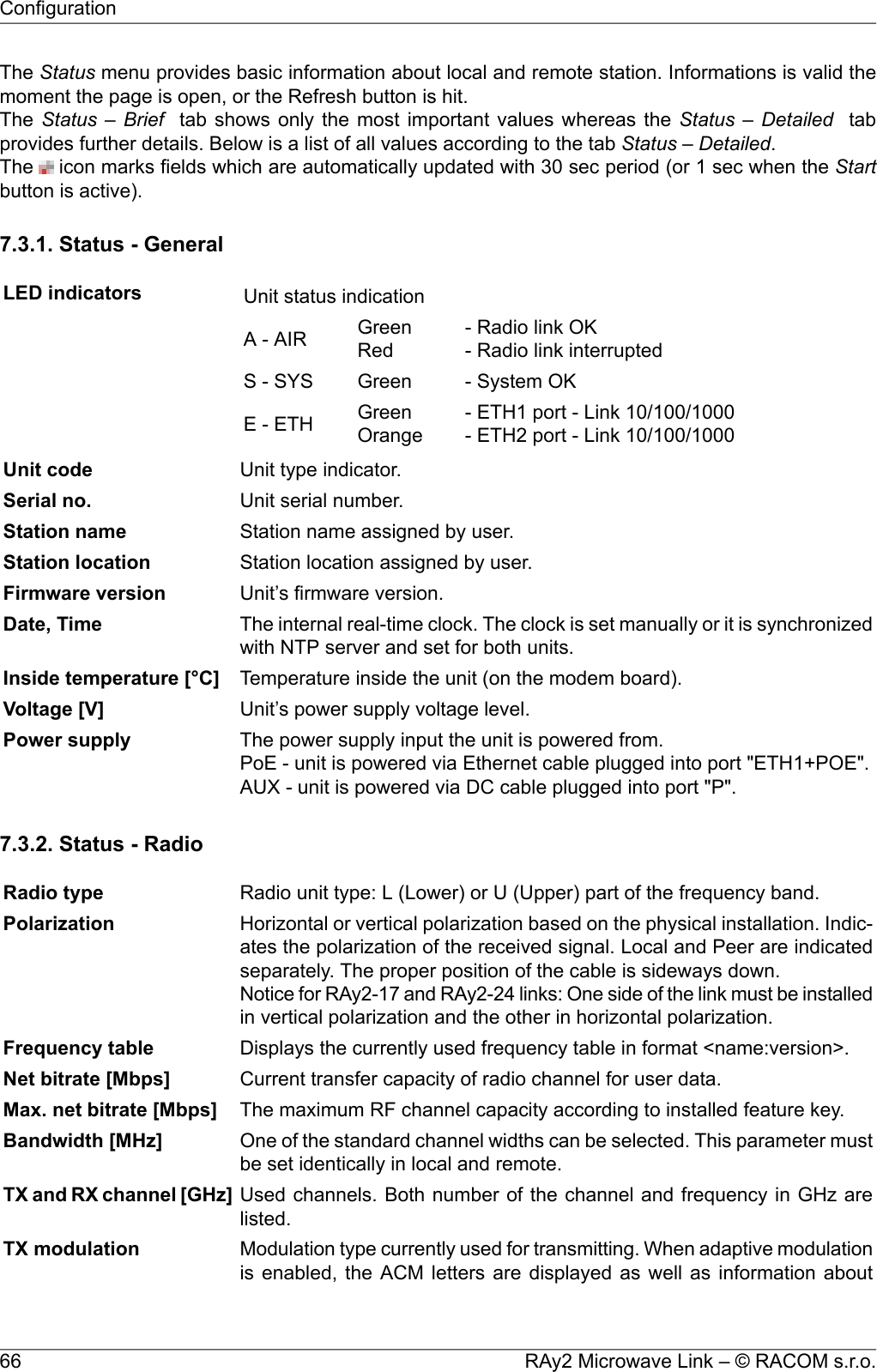 The Status menu provides basic information about local and remote station. Informations is valid themoment the page is open, or the Refresh button is hit.The Status – Brief tab shows only the most important values whereas the Status – Detailed tabprovides further details. Below is a list of all values according to the tab Status – Detailed.The icon marks fields which are automatically updated with 30 sec period (or 1 sec when the Startbutton is active).7.3.1. Status - GeneralLED indicators Unit status indication- Radio link OK- Radio link interruptedGreenRedA - AIR- System OKGreenS - SYS- ETH1 port - Link 10/100/1000- ETH2 port - Link 10/100/1000GreenOrangeE - ETHUnit type indicator.Unit codeUnit serial number.Serial no.Station name assigned by user.Station nameStation location assigned by user.Station locationUnit’s firmware version.Firmware versionThe internal real-time clock. The clock is set manually or it is synchronizedwith NTP server and set for both units.Date, TimeTemperature inside the unit (on the modem board).Inside temperature [°C]Unit’s power supply voltage level.Voltage [V]The power supply input the unit is powered from.PoE - unit is powered via Ethernet cable plugged into port &quot;ETH1+POE&quot;.AUX - unit is powered via DC cable plugged into port &quot;P&quot;.Power supply7.3.2. Status - RadioRadio unit type: L (Lower) or U (Upper) part of the frequency band.Radio typeHorizontal or vertical polarization based on the physical installation. Indic-ates the polarization of the received signal. Local and Peer are indicatedseparately. The proper position of the cable is sideways down.Notice for RAy2-17 and RAy2-24 links: One side of the link must be installedin vertical polarization and the other in horizontal polarization.PolarizationDisplays the currently used frequency table in format &lt;name:version&gt;.Frequency tableCurrent transfer capacity of radio channel for user data.Net bitrate [Mbps]The maximum RF channel capacity according to installed feature key.Max. net bitrate [Mbps]One of the standard channel widths can be selected. This parameter mustbe set identically in local and remote.Bandwidth [MHz]Used channels. Both number of the channel and frequency in GHz arelisted.TX and RX channel [GHz]Modulation type currently used for transmitting. When adaptive modulationis enabled, the ACM letters are displayed as well as information aboutTX modulationRAy2 Microwave Link – © RACOM s.r.o.66Configuration