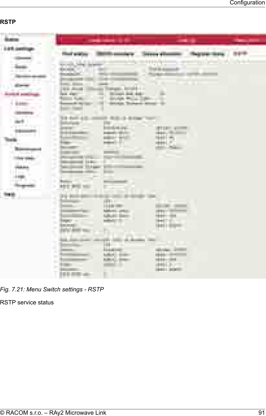 RSTPFig. 7.21: Menu Switch settings - RSTPRSTP service status91© RACOM s.r.o. – RAy2 Microwave LinkConfiguration